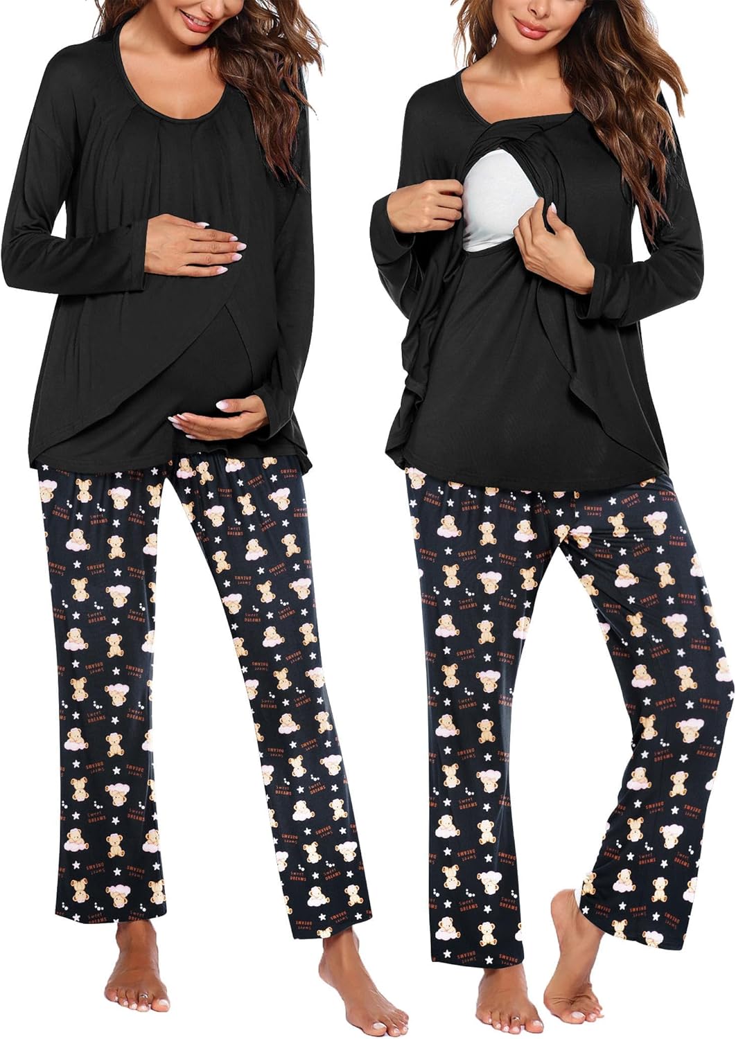 Black maternity nursing pajama set: long-sleeve top with nursing flap and bear-print pants