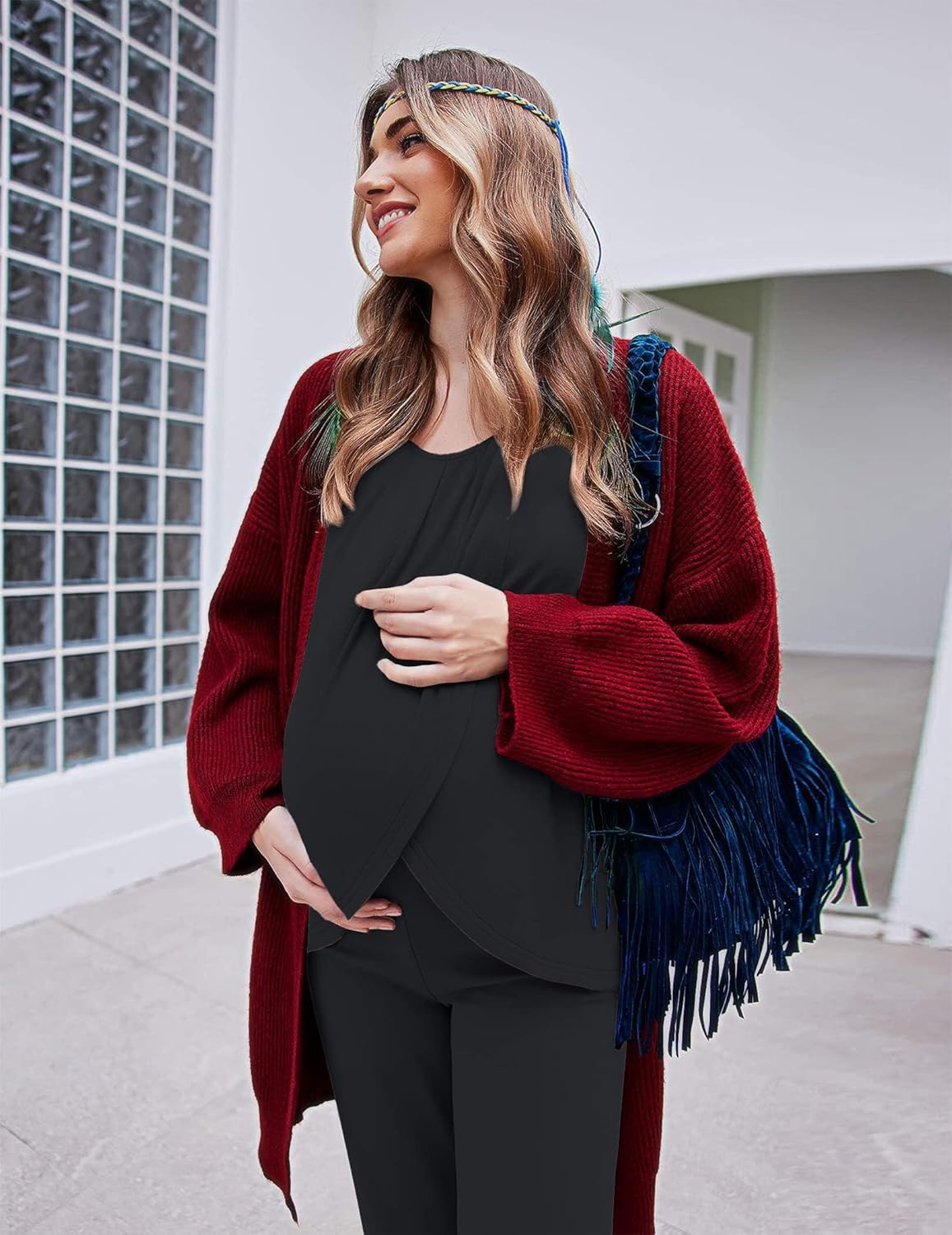 Black maternity nursing pajama top with long sleeves and solid black lounge pants