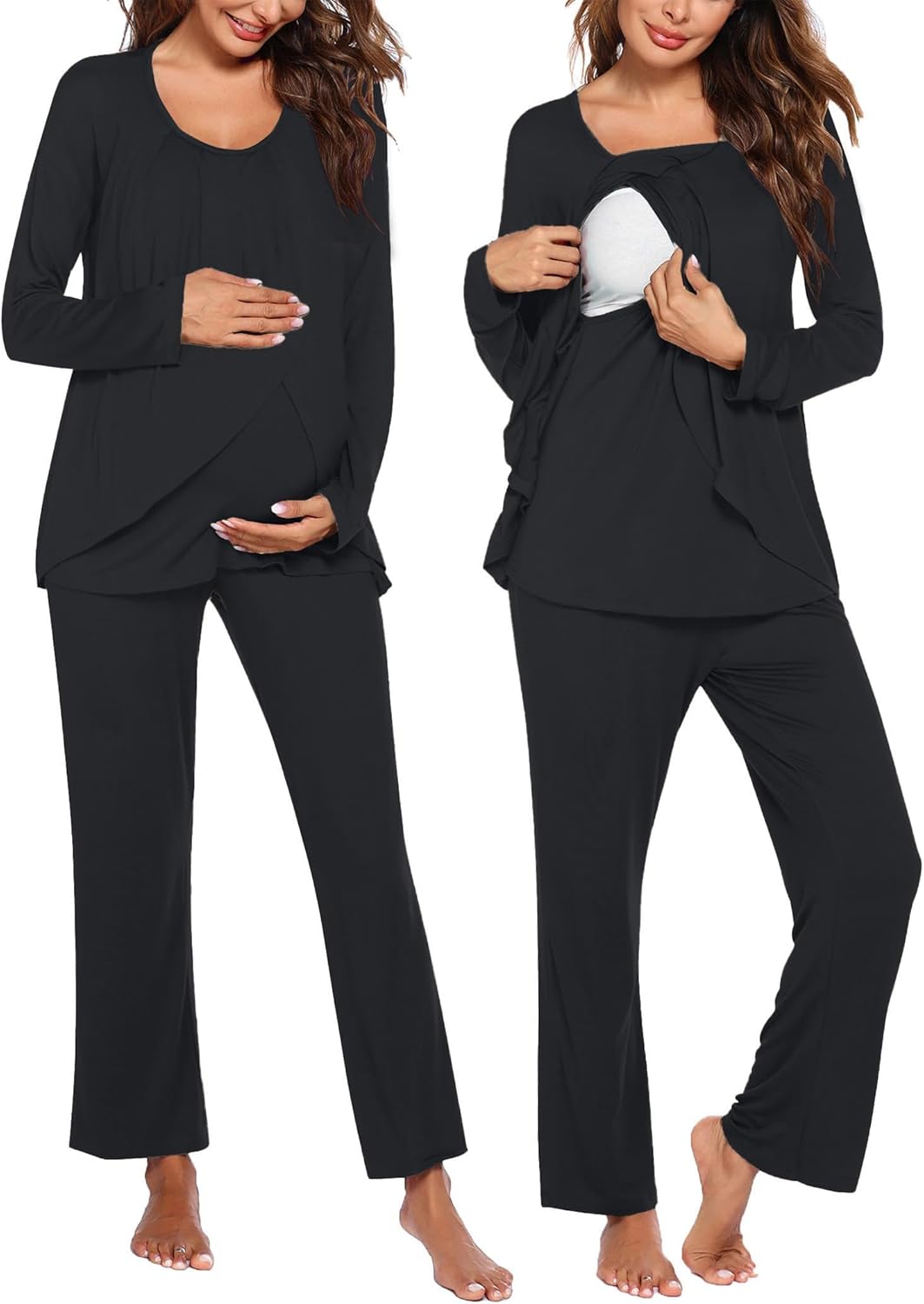 Black maternity nursing pajama set with long-sleeve top and solid black pants