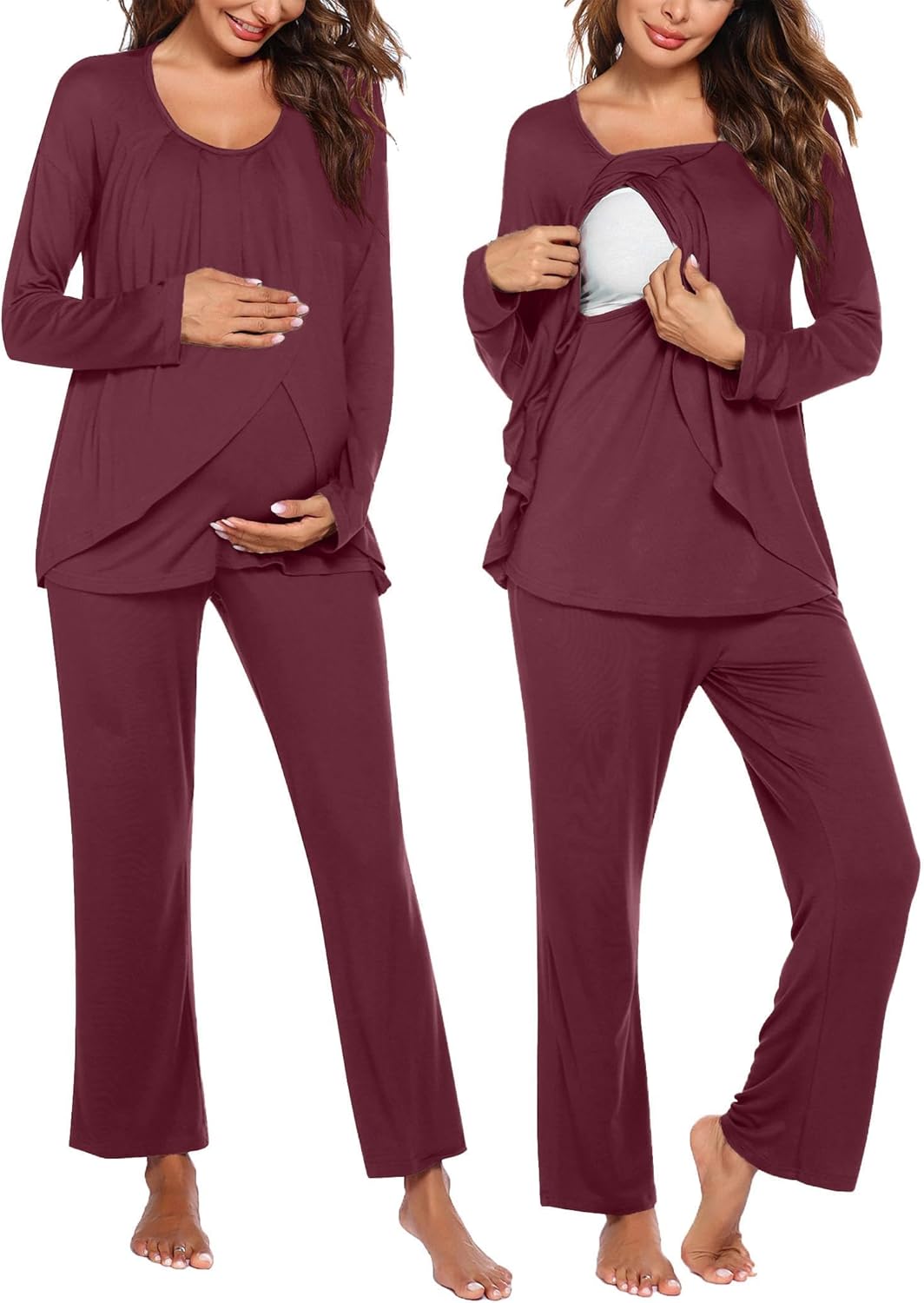 Maternity nursing pajamas: wine-red long-sleeve top with nursing panel, matching pants