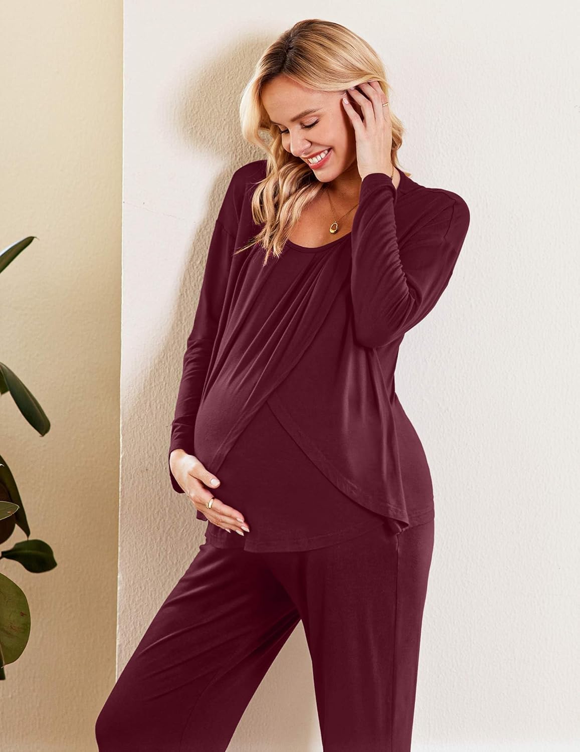 Wine-red maternity nursing pajama set, long-sleeve top and straight-leg pants
