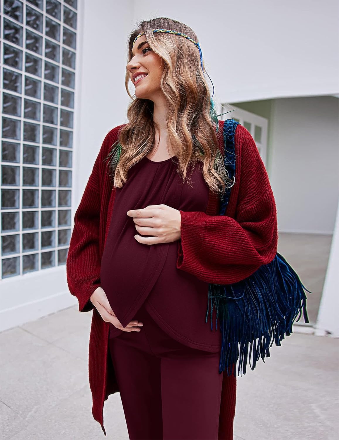 Wine-red nursing pajama set, crossover long-sleeve top with matching pants
