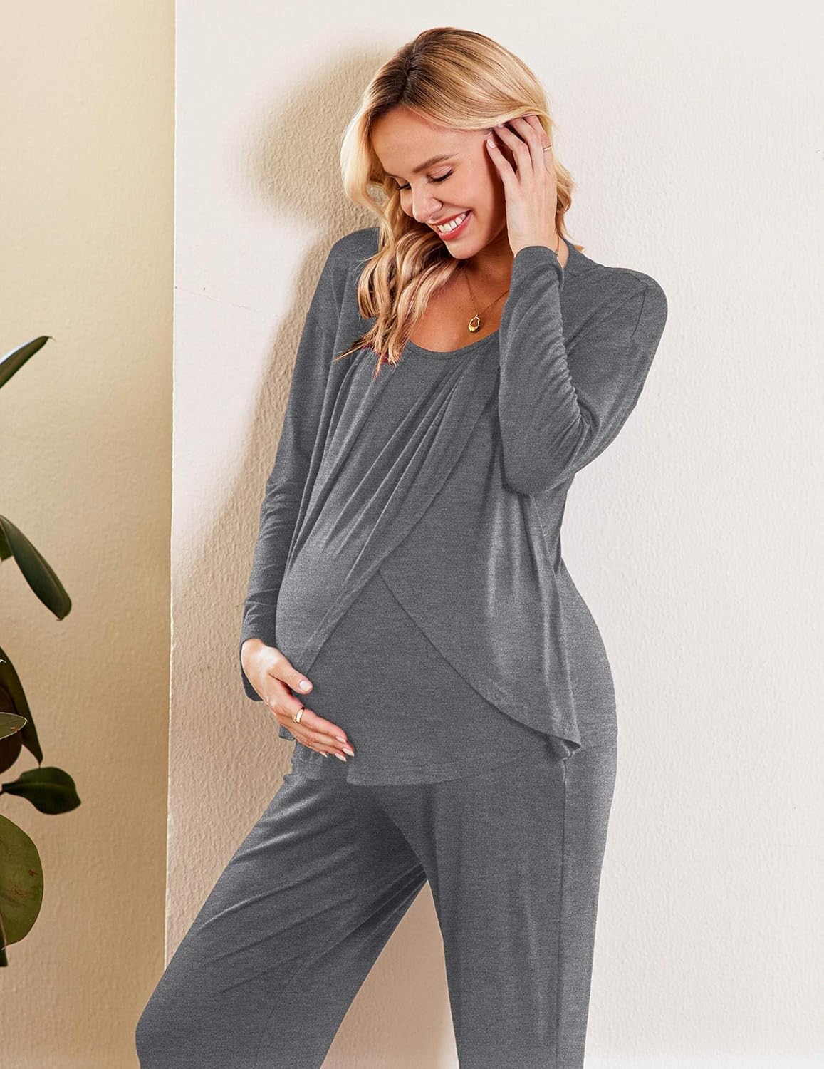 Grey maternity nursing pajama set: long-sleeve top with scoop neck and open nursing panel