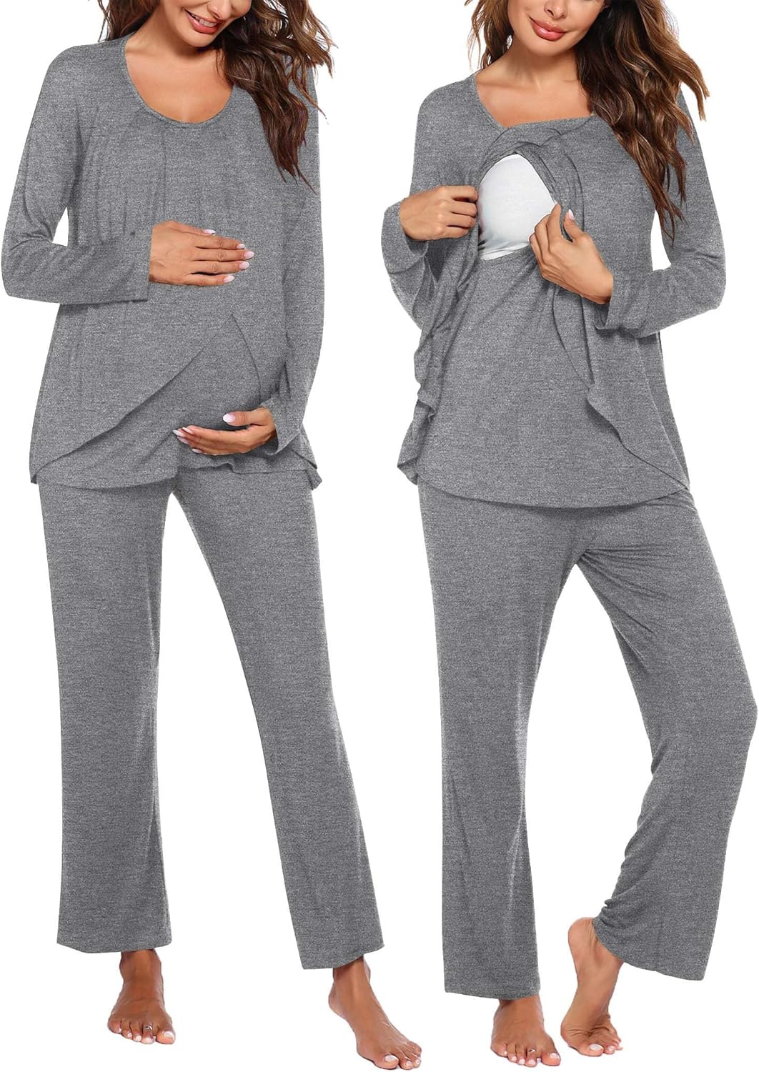 Maternity nursing pajama set, grey long-sleeve top with nursing flap and matching pants