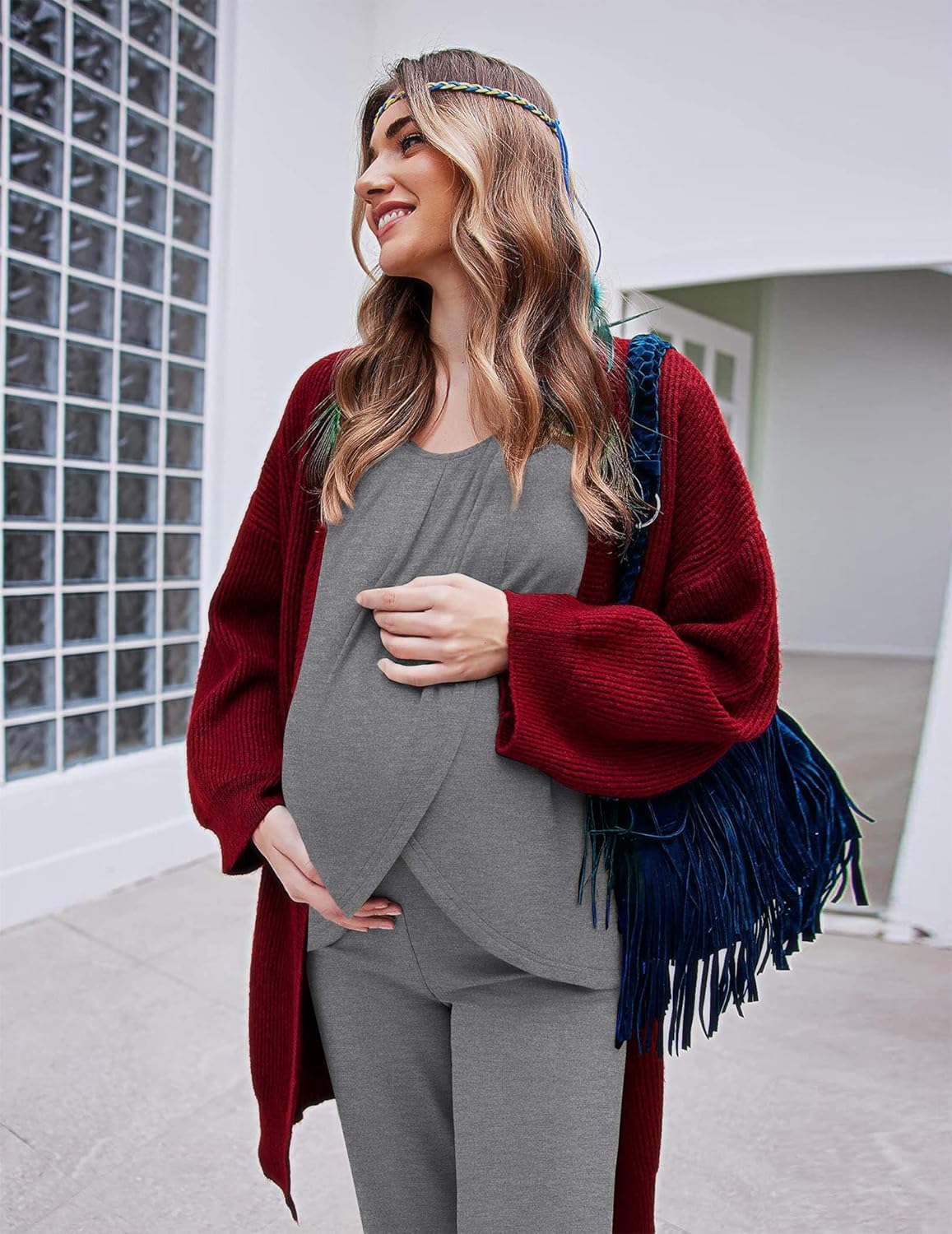 Grey nursing pajama set with long sleeves and matching pants; draped side panel design