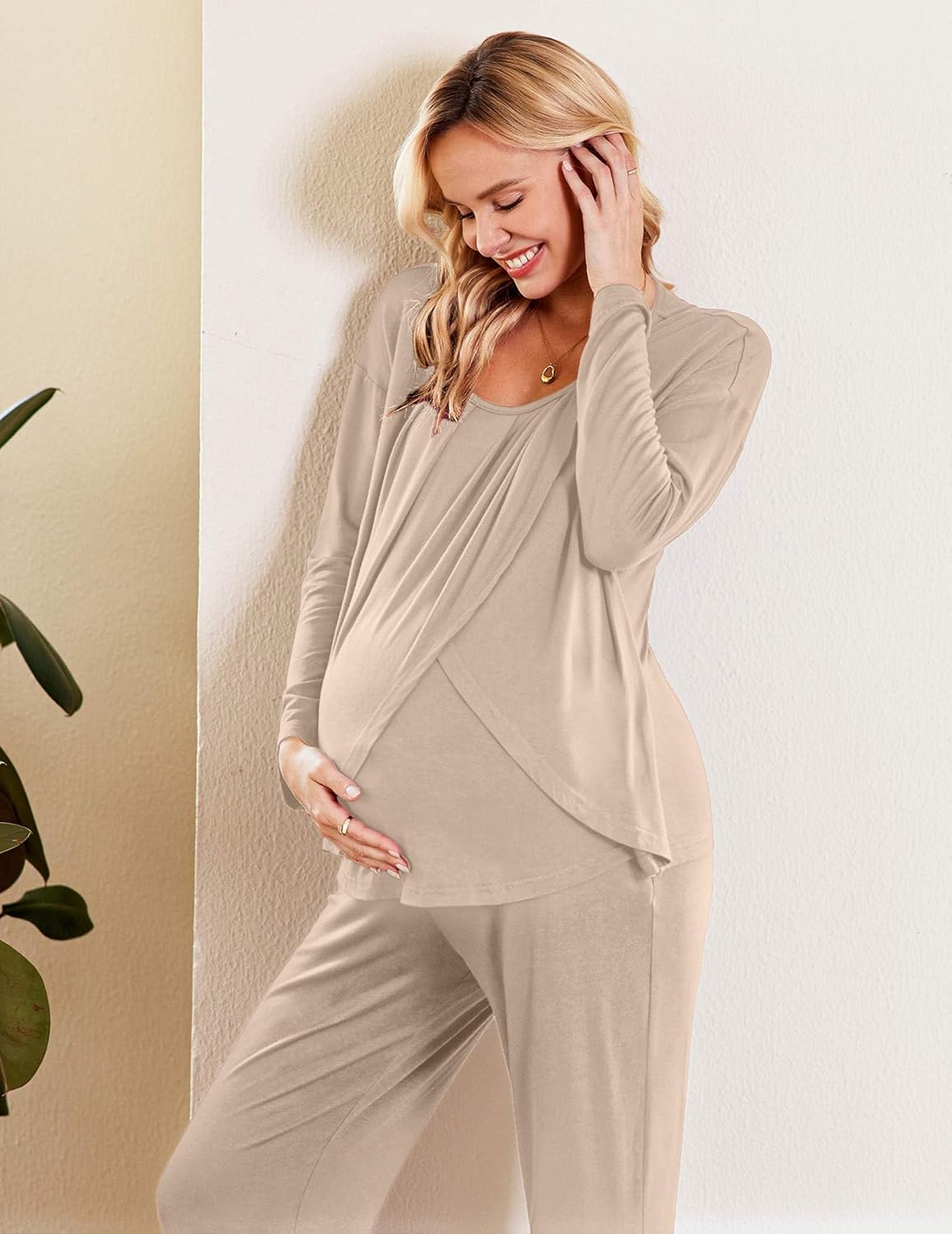 Maternity nursing pajama set in light beige, long sleeves and relaxed pants