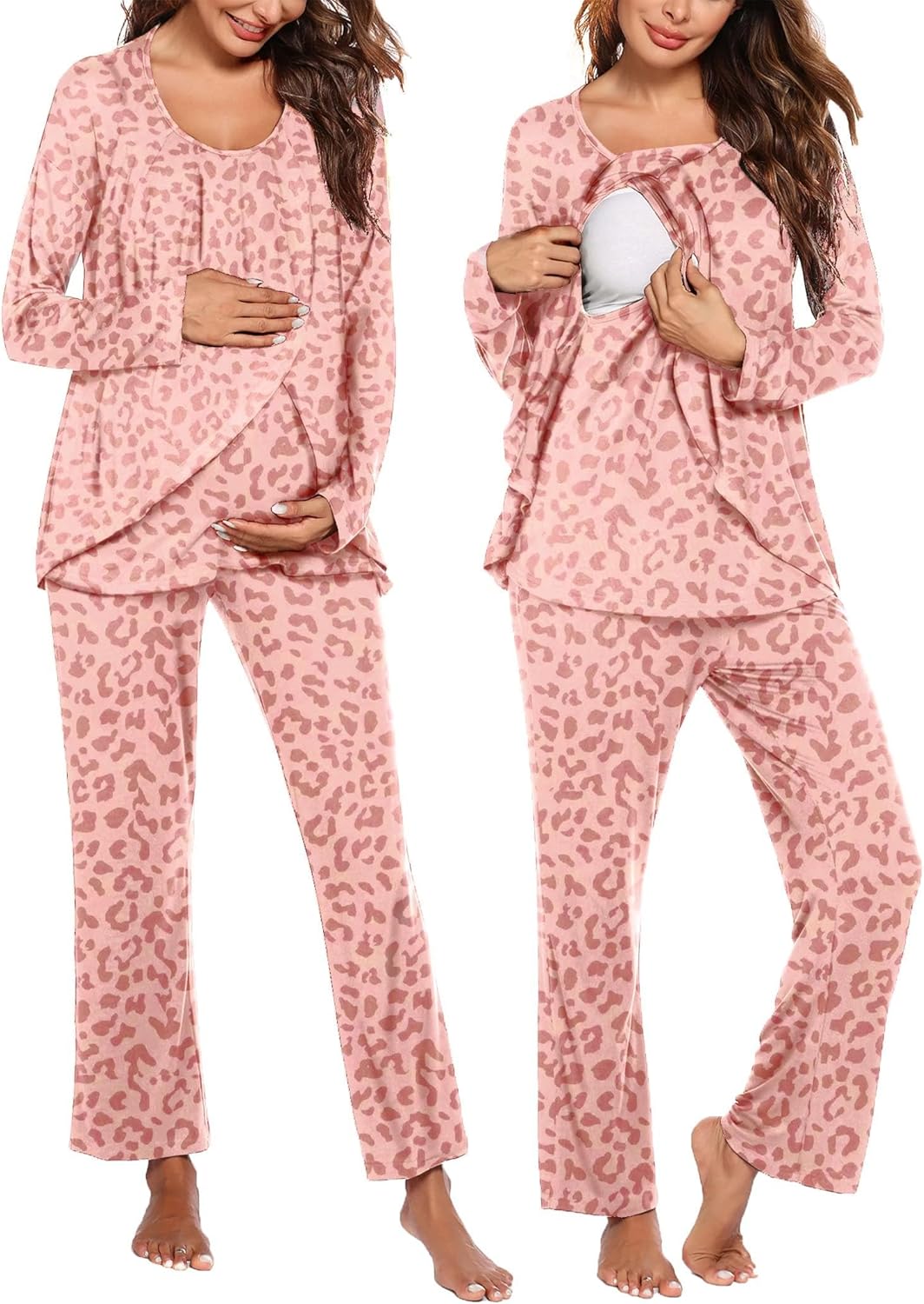 Maternity nursing pajama set in pink leopard print, long-sleeve top and matching pants