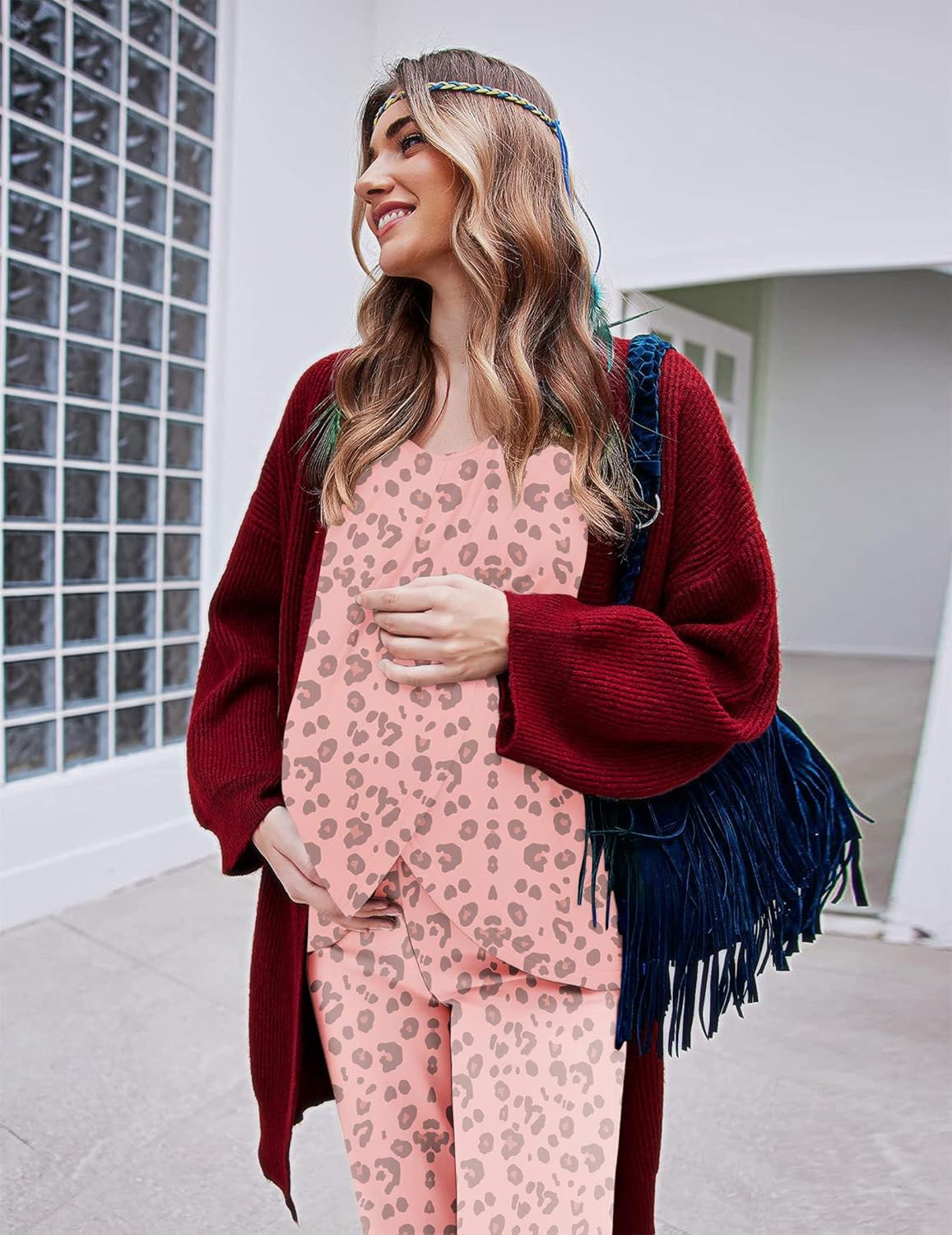 Maternity nursing pajama set in pink leopard print: nursing top with long sleeves and pants