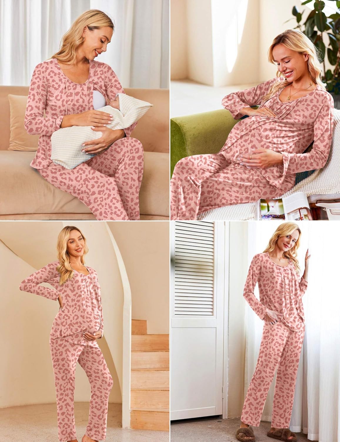 Maternity nursing pajama set in pink leopard print, long-sleeve top and tapered pants