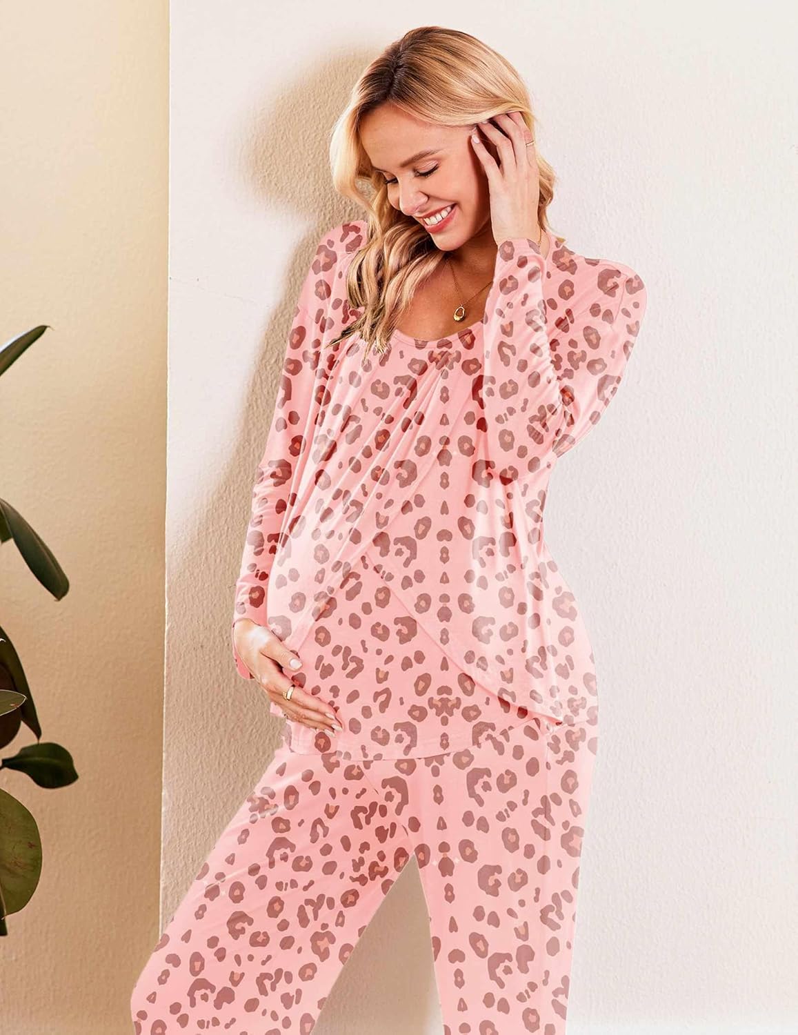 Maternity nursing pajama set in pink leopard print with long sleeves and wide-leg pants