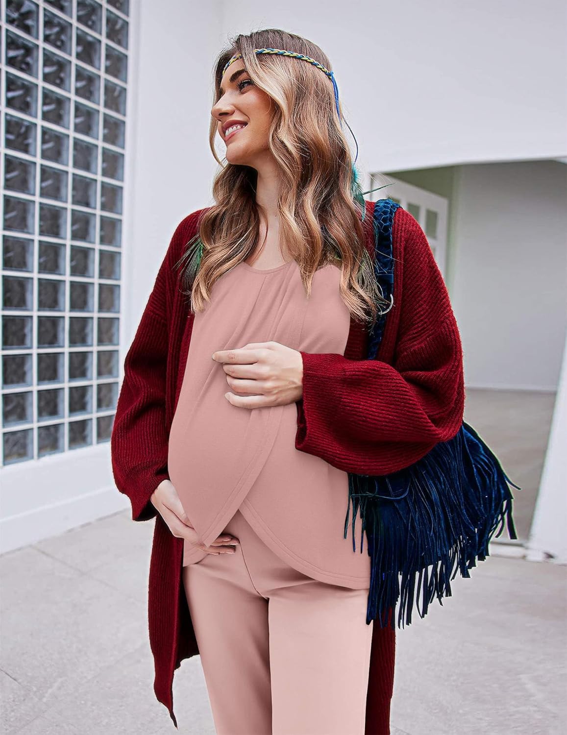 Blush-pink maternity nursing pajama set with long-sleeve top and matching pants