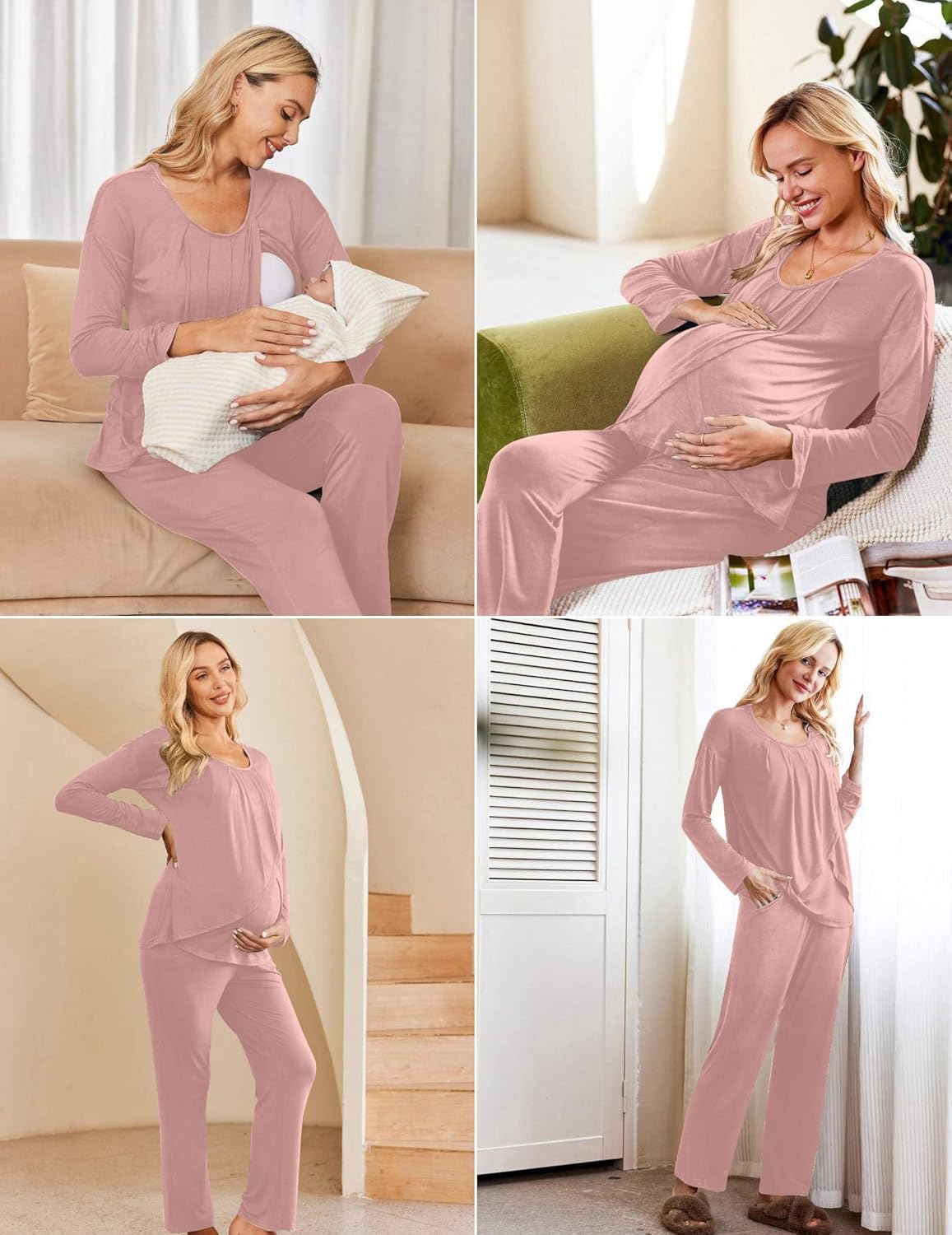 Blush-pink maternity nursing pajama top with matching long pants set