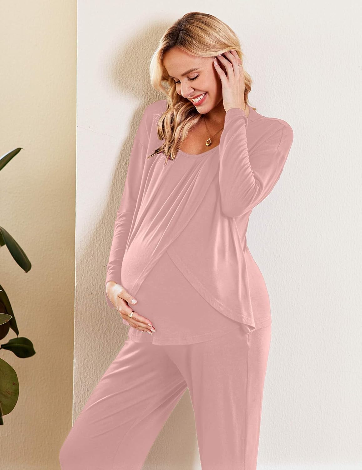 Blush-pink maternity nursing long-sleeve top with matching pajama pants