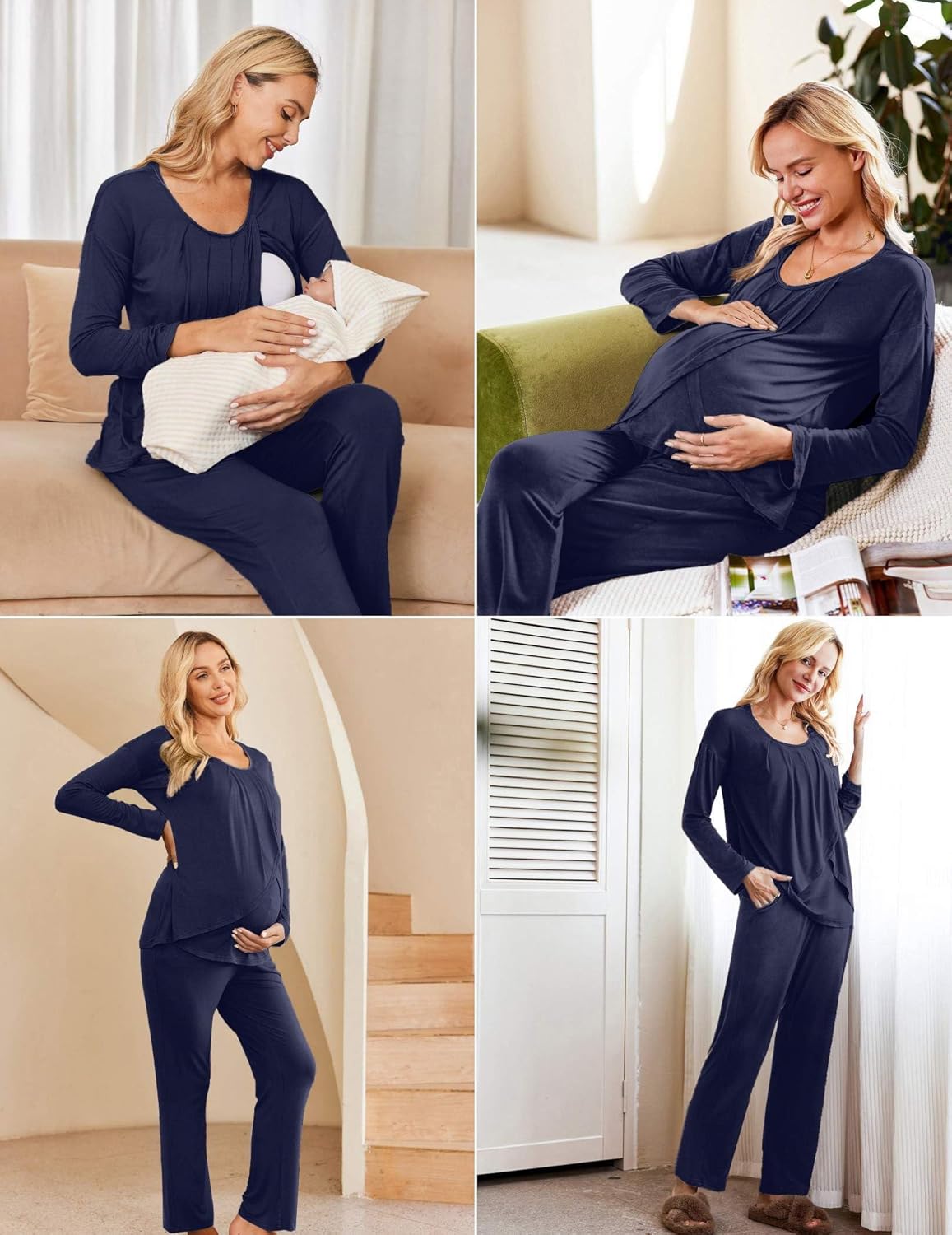 Navy maternity pajama set with long sleeves and relaxed straight-leg pants
