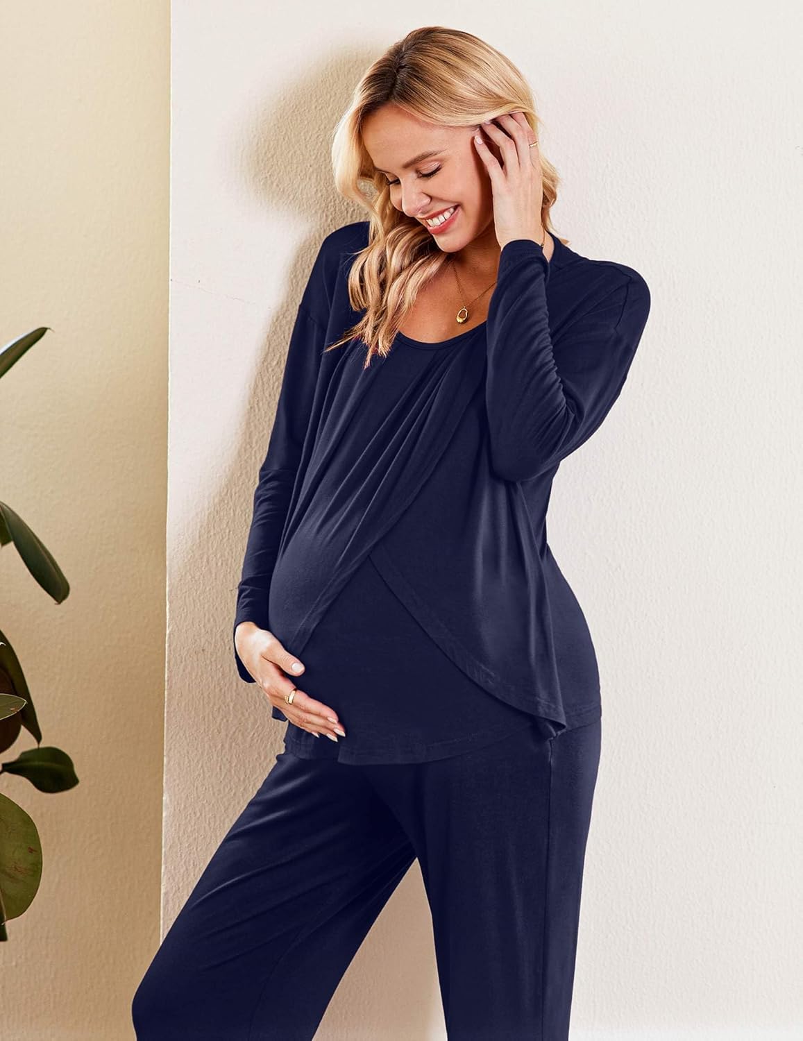 Navy maternity nursing pajama set, long-sleeve top and straight-leg pants