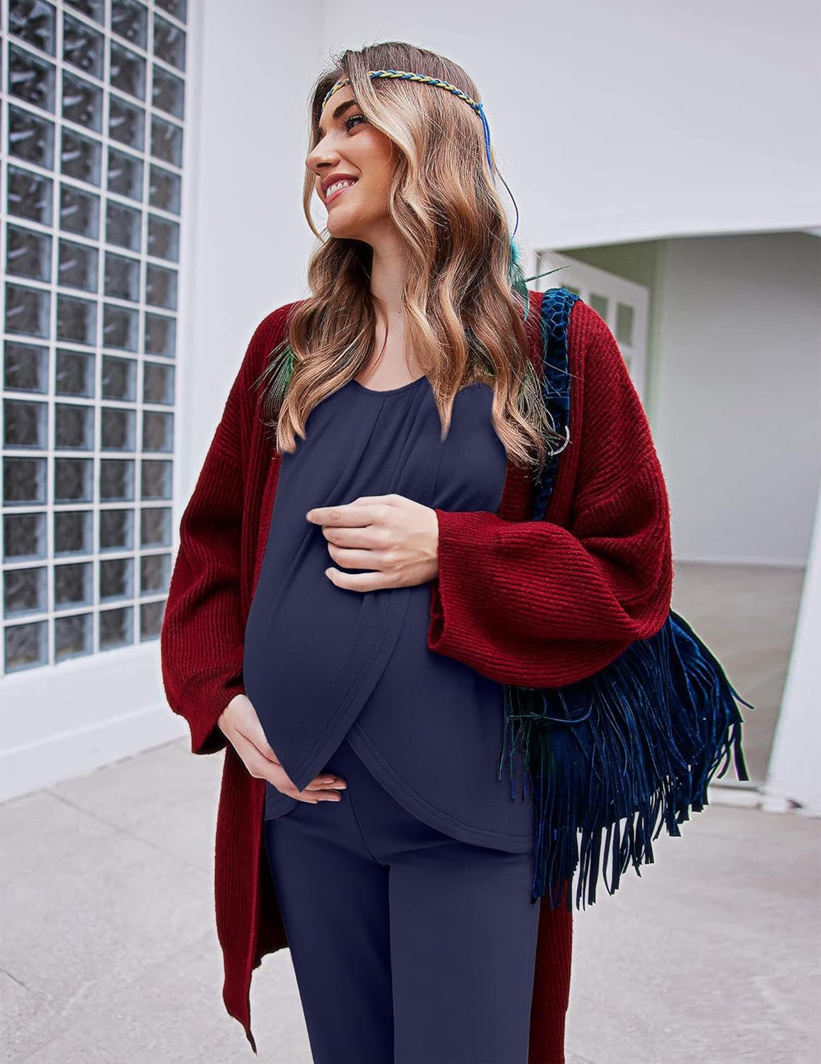 Navy nursing pajama set, long-sleeve crossover top with matching pants