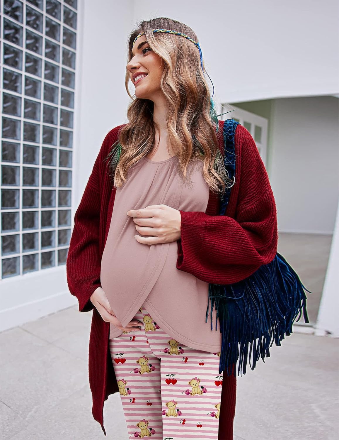 Mauve maternity nursing pajama top and pink striped bear print pants