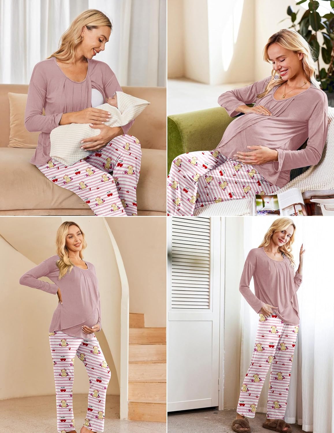 Mauve nursing pajama top with long sleeves and pink striped bear print lounge pants