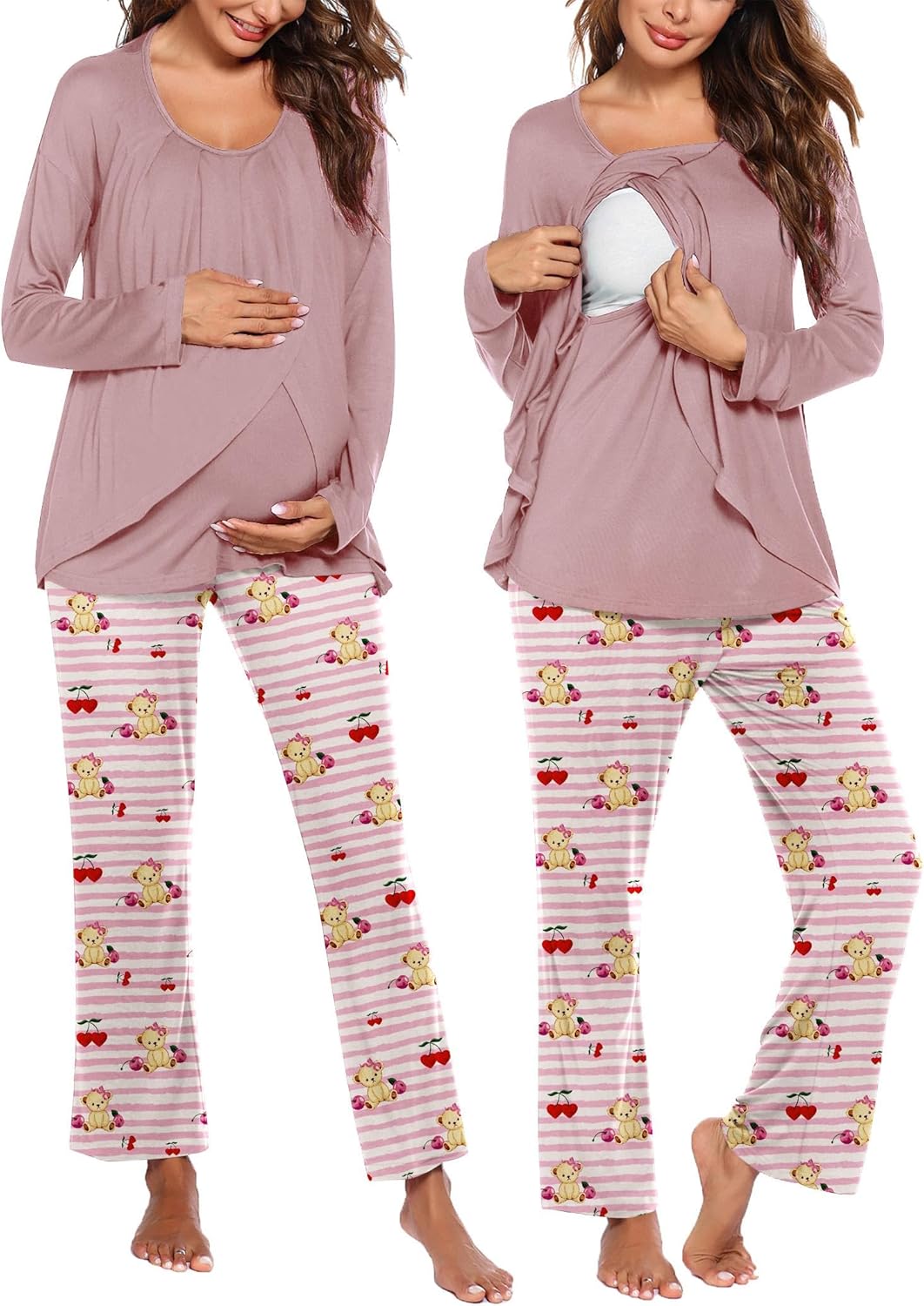 Mauve maternity nursing pajama set with long-sleeve top and pink striped bear print pants