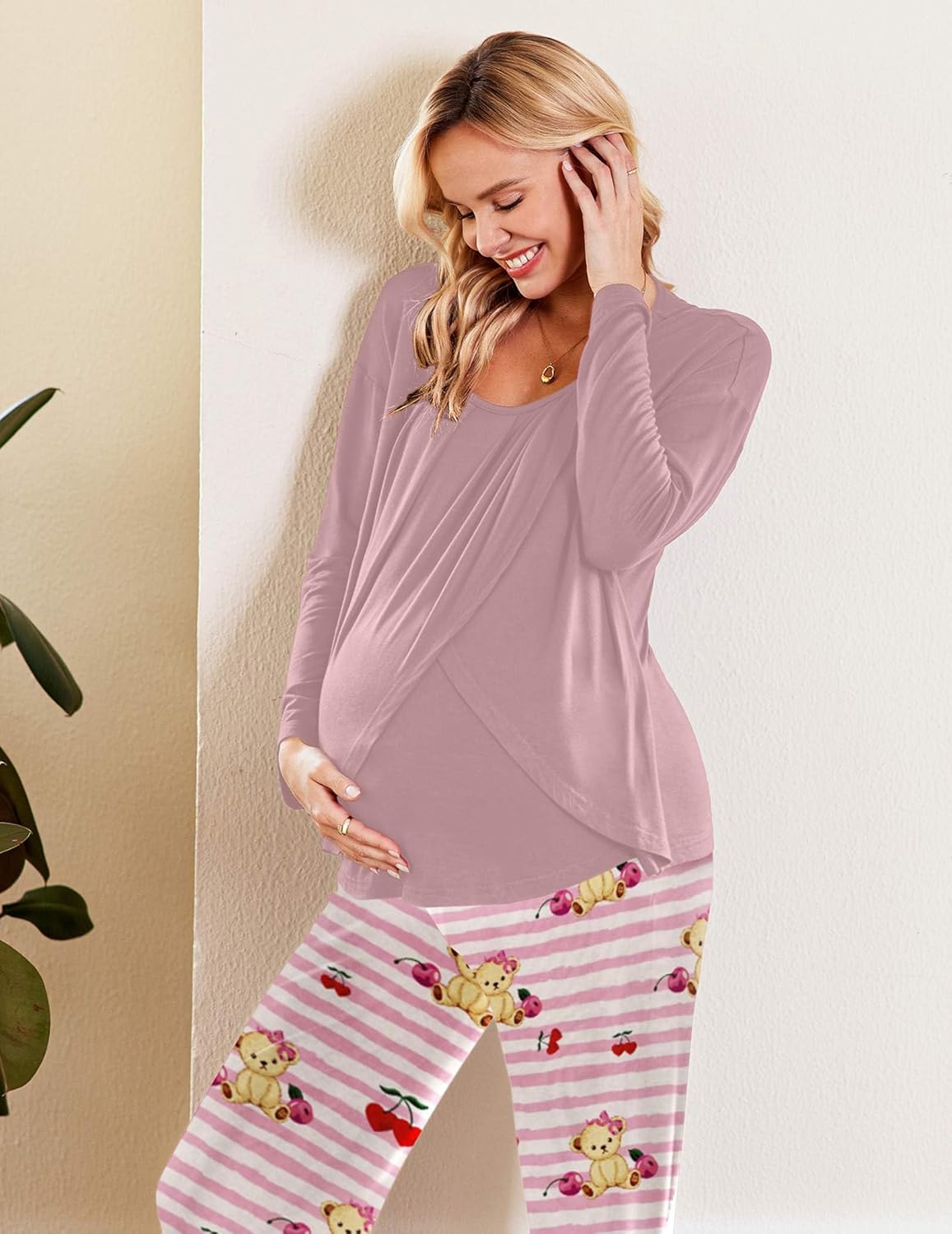 Mauve long-sleeve nursing pajama top with drape front and pink striped bear print pants