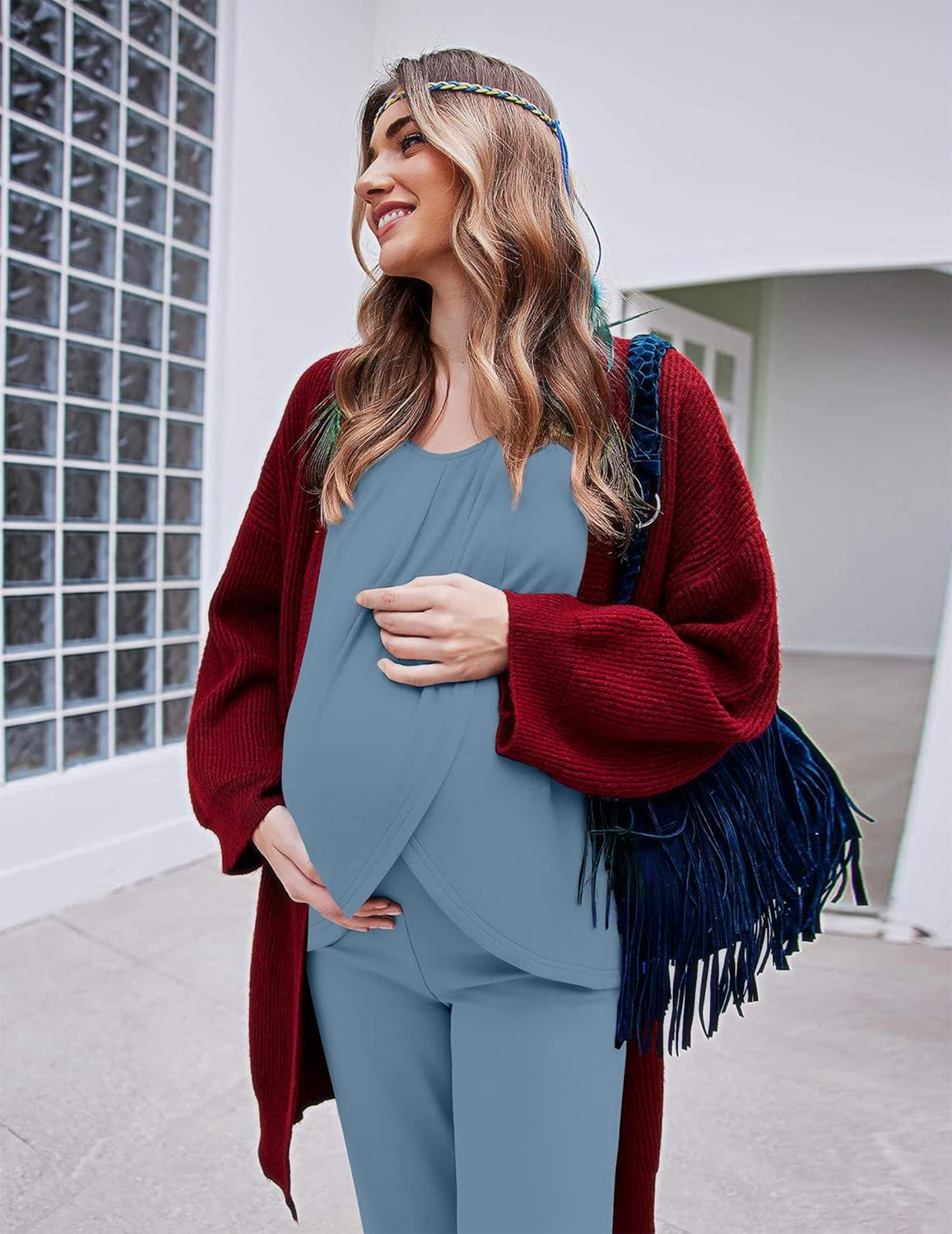 Maternity nursing pajama set, long-sleeve top and pants in blue with nursing access