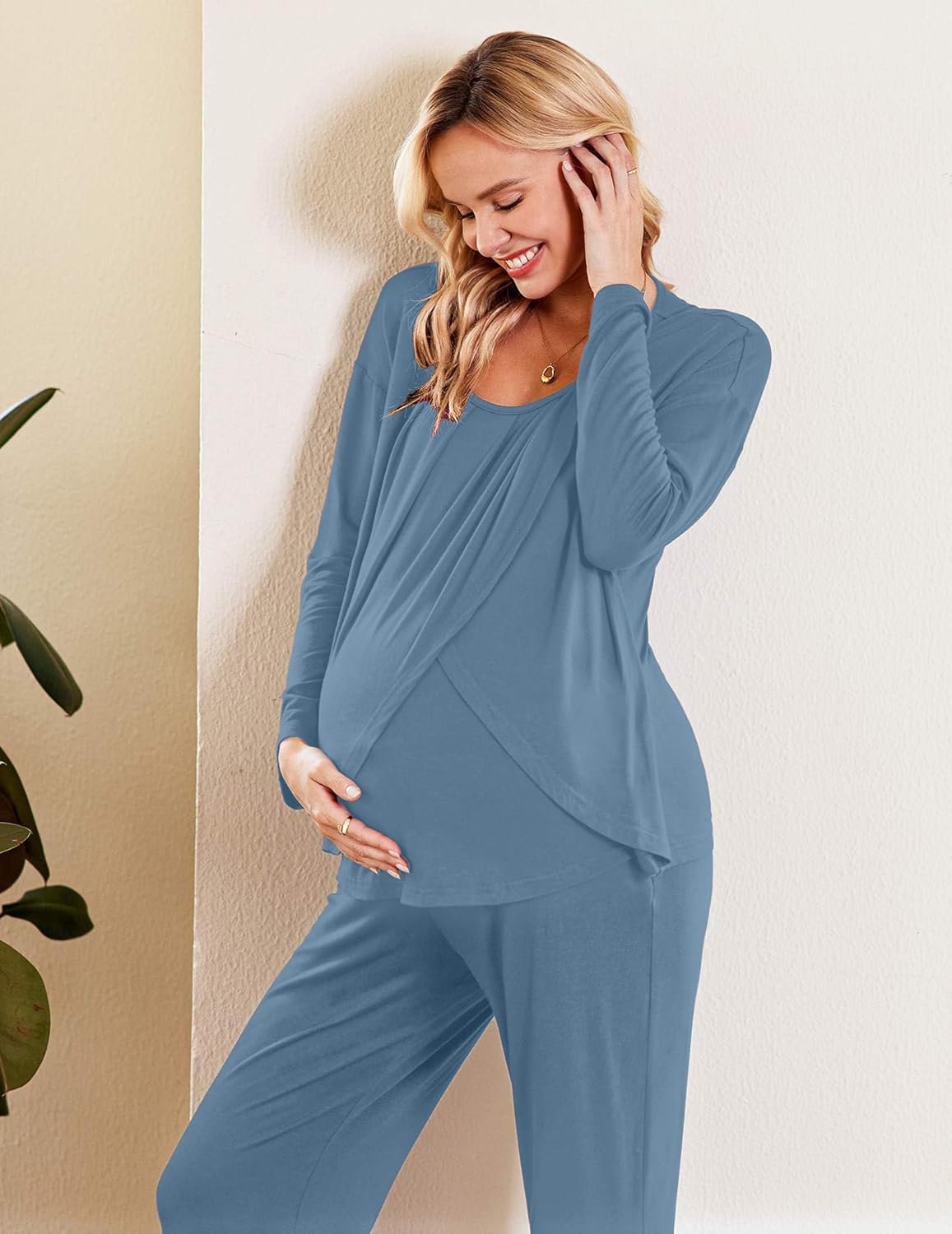 Light blue maternity nursing pajama set, long-sleeve top and straight-leg pants