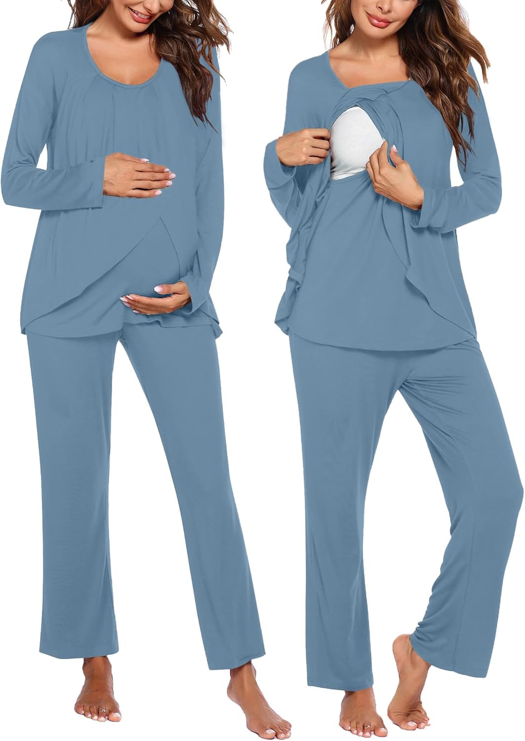 Maternity nursing pajamas: muted blue long-sleeve top with nursing panel, matching pants