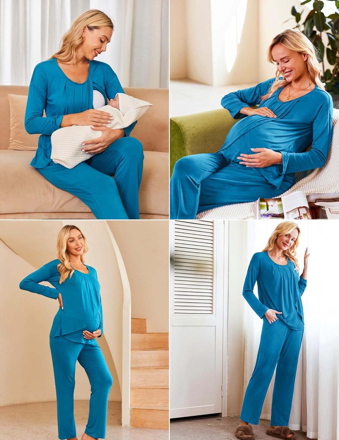Maternity nursing pajama set in teal, long sleeves and relaxed pants with nursing access