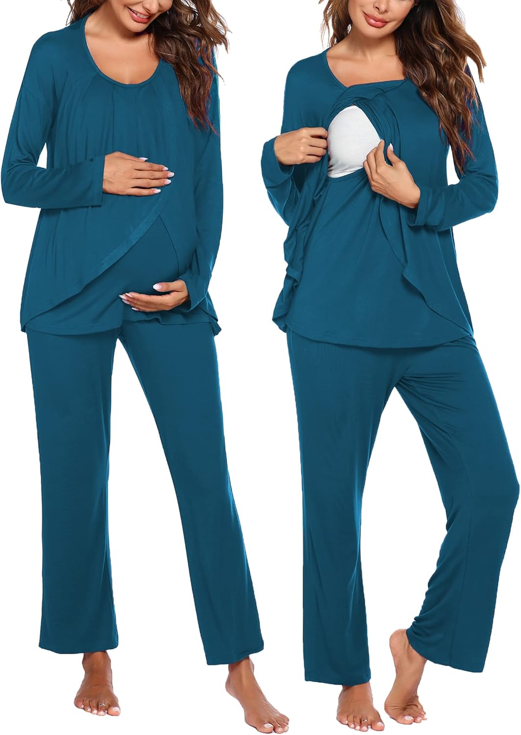 Maternity nursing pajama set in teal: long-sleeve top with nursing access and pants