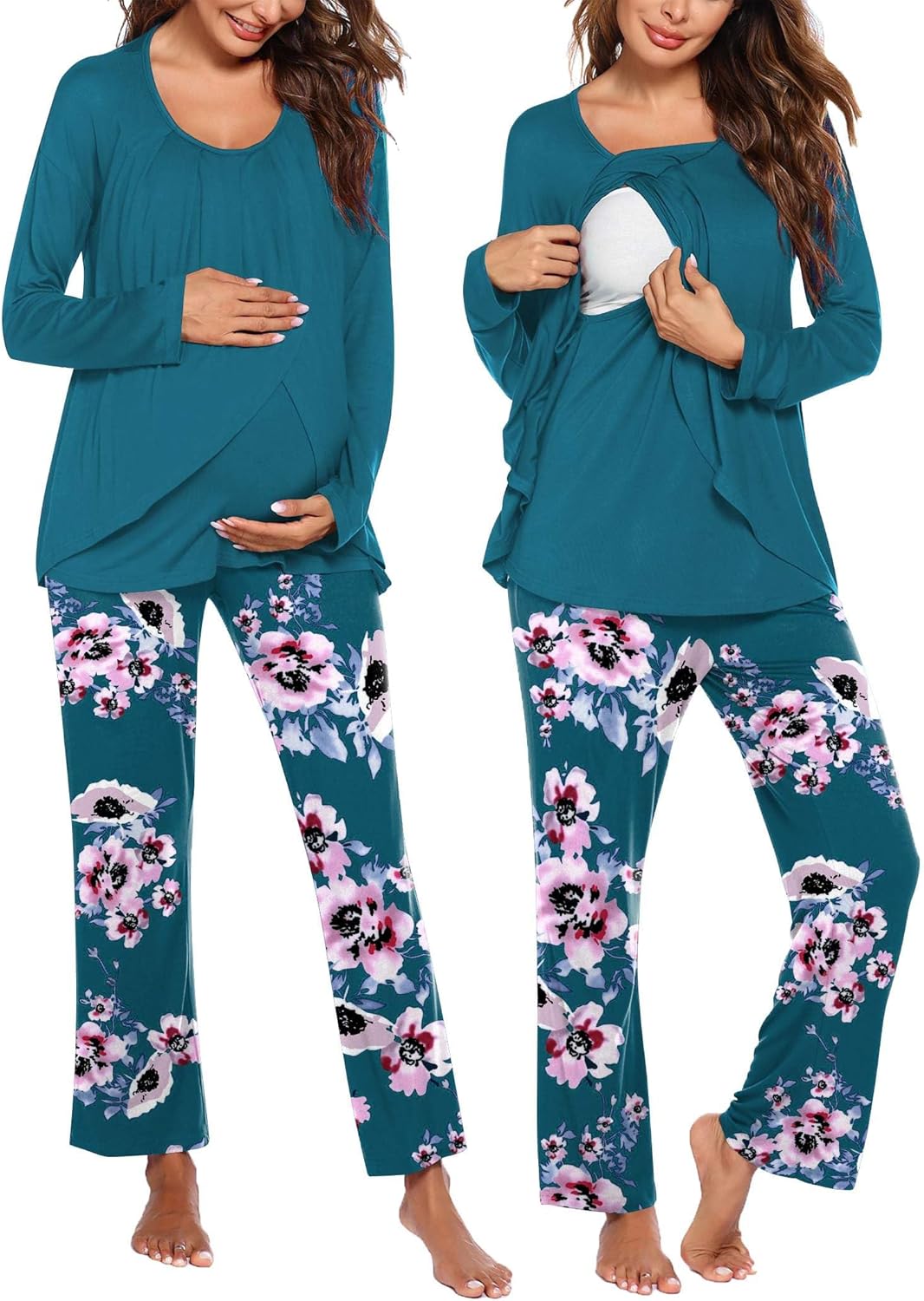 Teal maternity nursing pajama set: long-sleeve top with nursing flap and floral pants