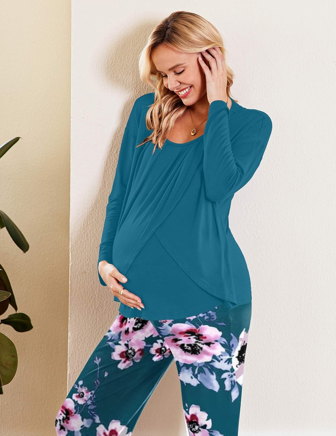 Teal pajama top with nursing flap and floral maternity pants, long sleeves