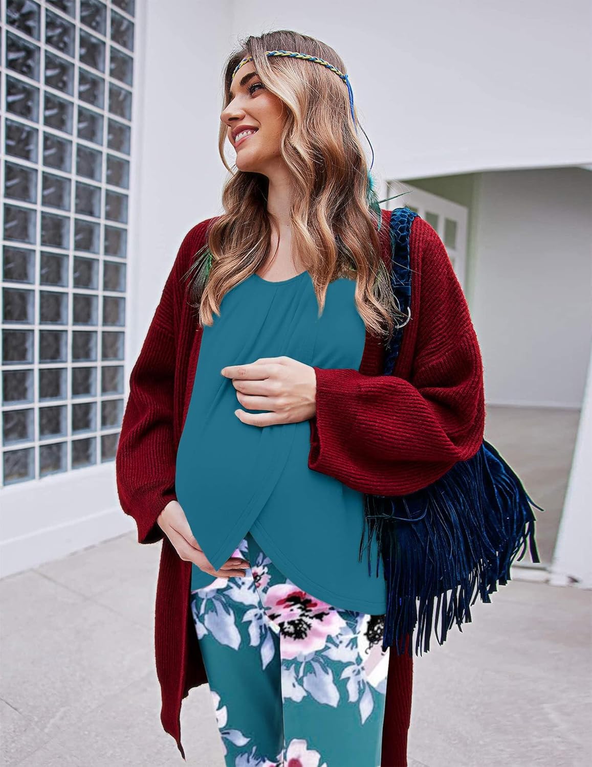 Teal nursing pajama set, long-sleeve top with crossover nursing flap and floral pants