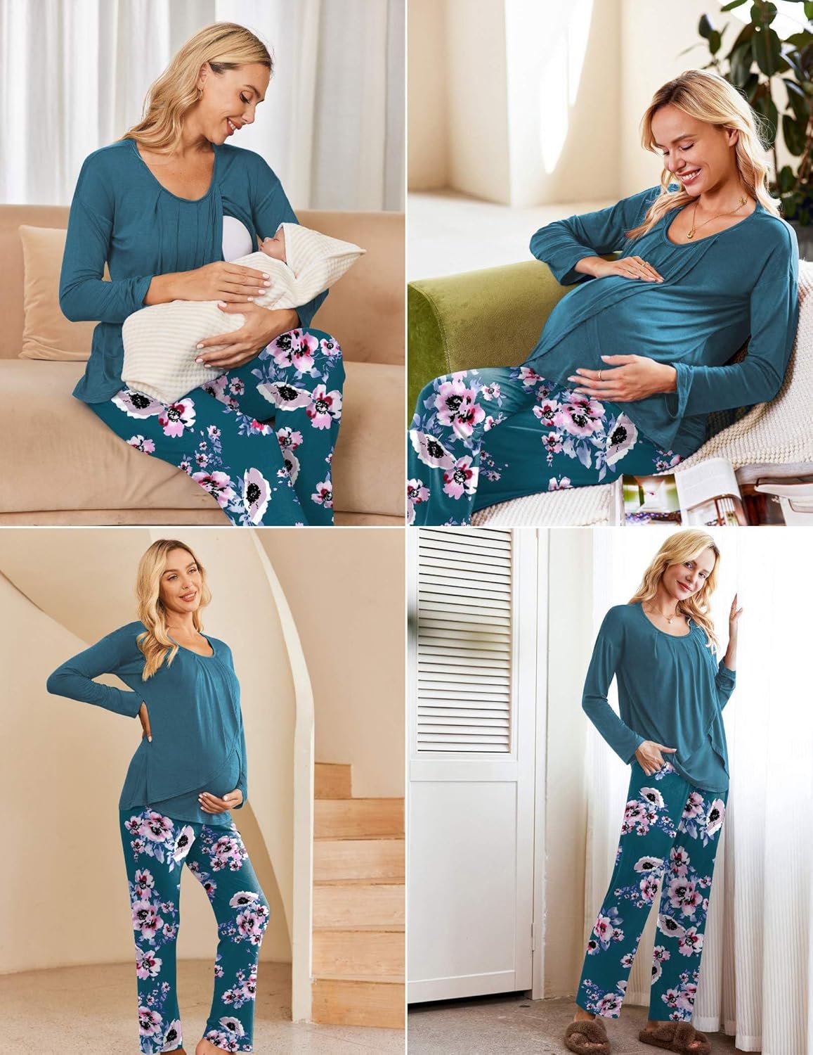 Teal maternity pajama set with nursing top and floral wide-leg pants, long sleeves