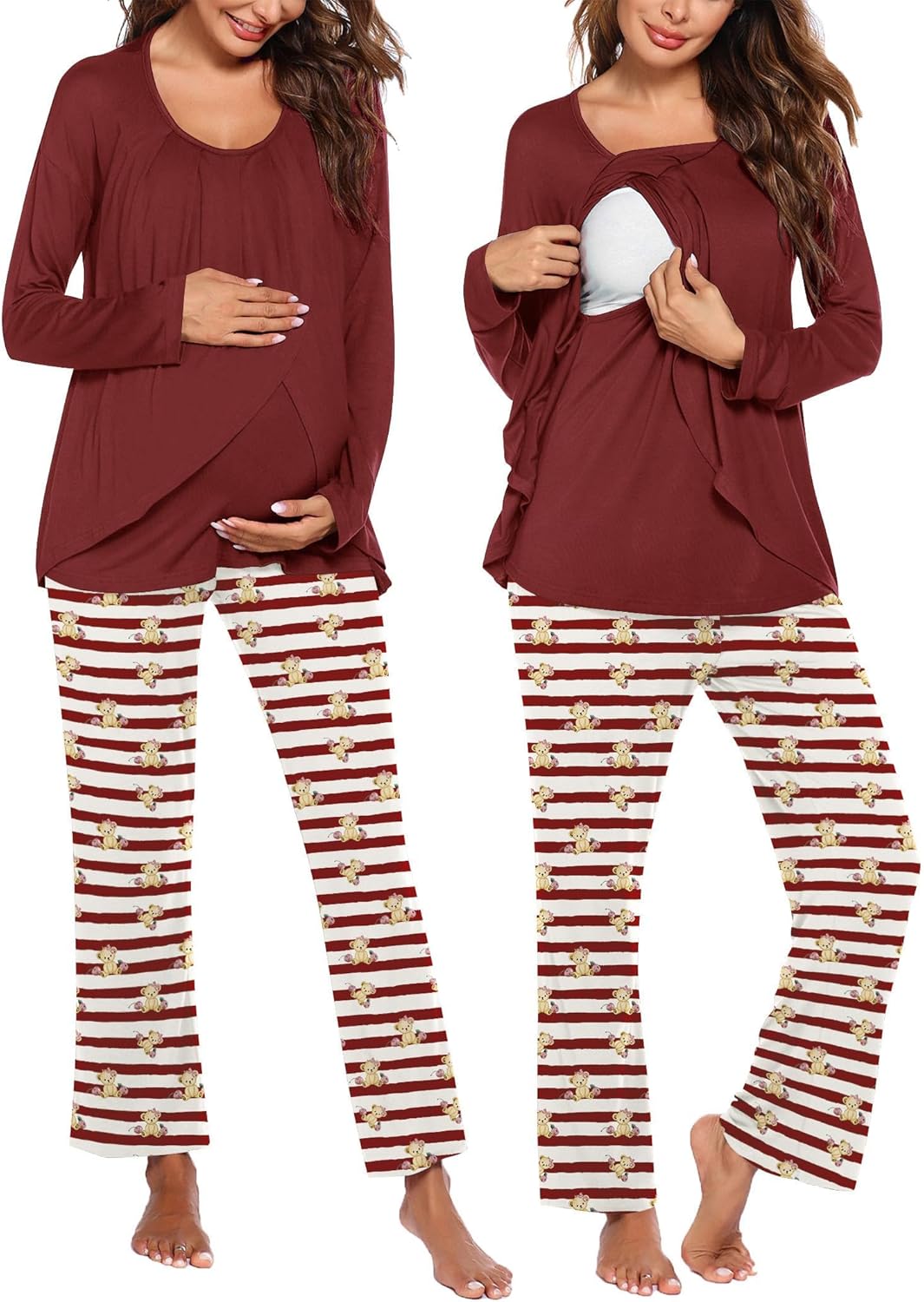 Wine-red maternity nursing pajama set: long-sleeve top with striped lounge pants