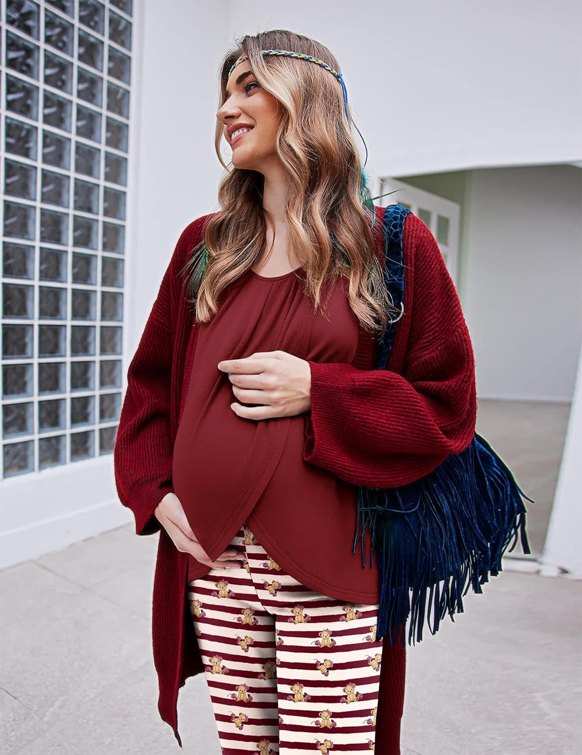 Wine-red maternity nursing pajama set with long-sleeve top and striped pants