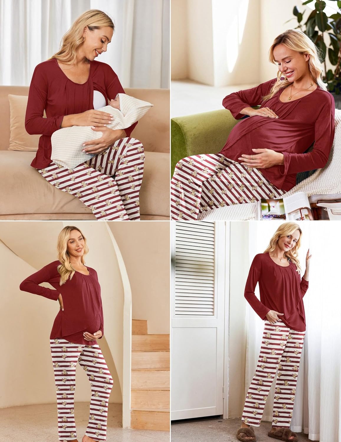 Wine-red maternity nursing pajama top and striped pajama pants set
