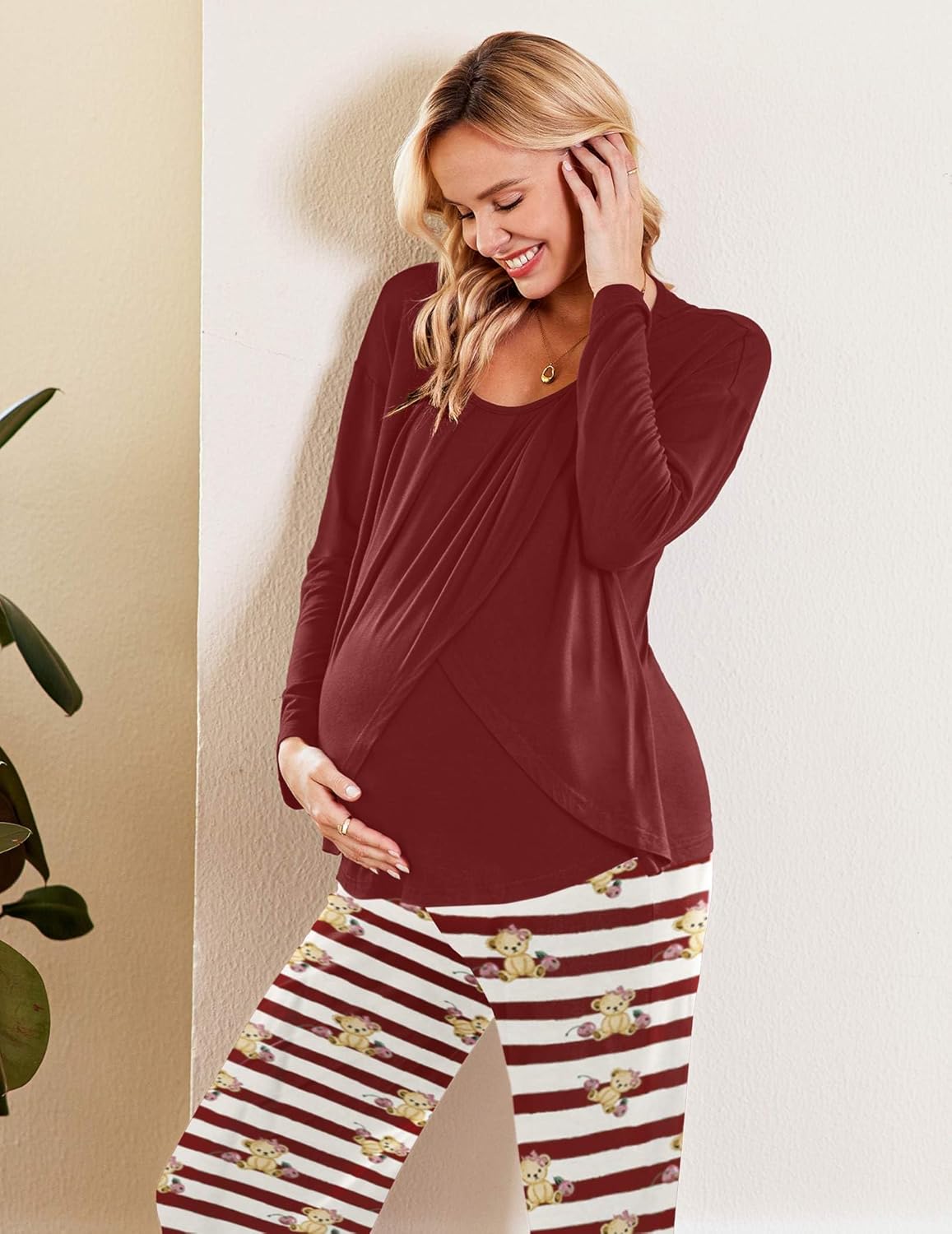 Wine-red long-sleeve maternity nursing top with striped pajama pants