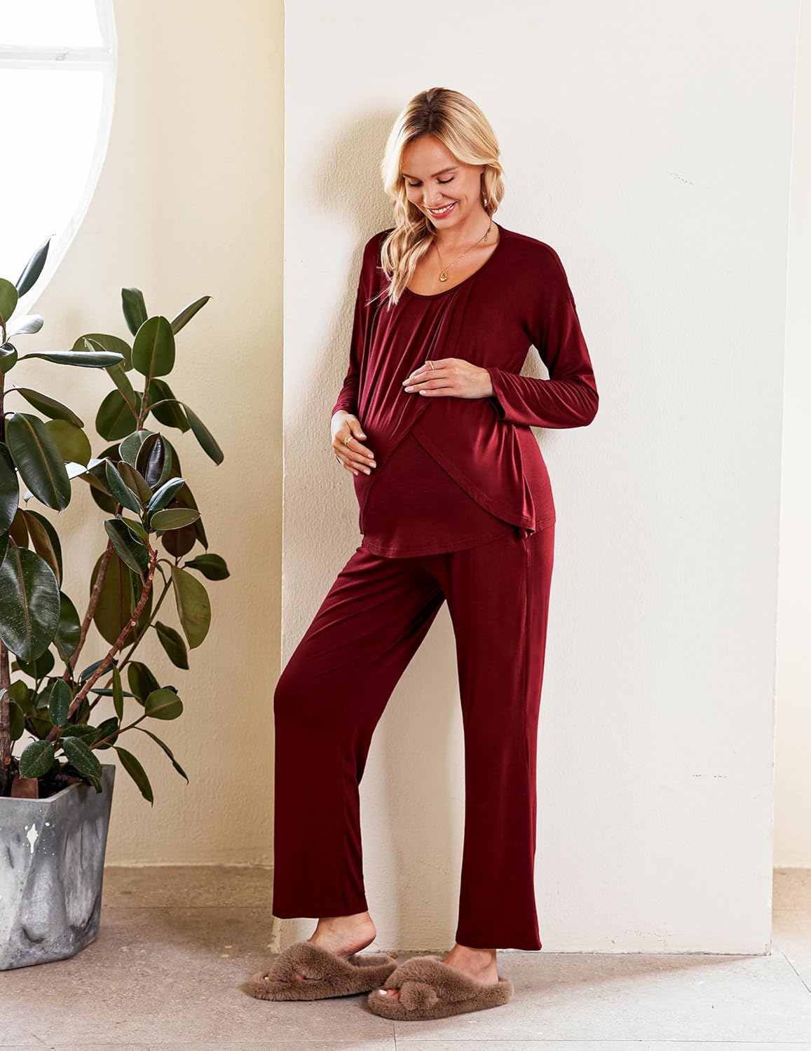 Wine red long-sleeve nursing pajama set with draped wrap top and straight-leg pants