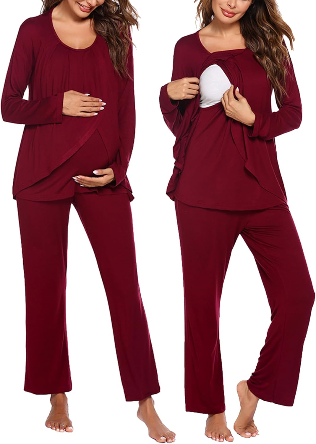 Wine red nursing pajama set with long-sleeve wrap top and matching straight-leg pants