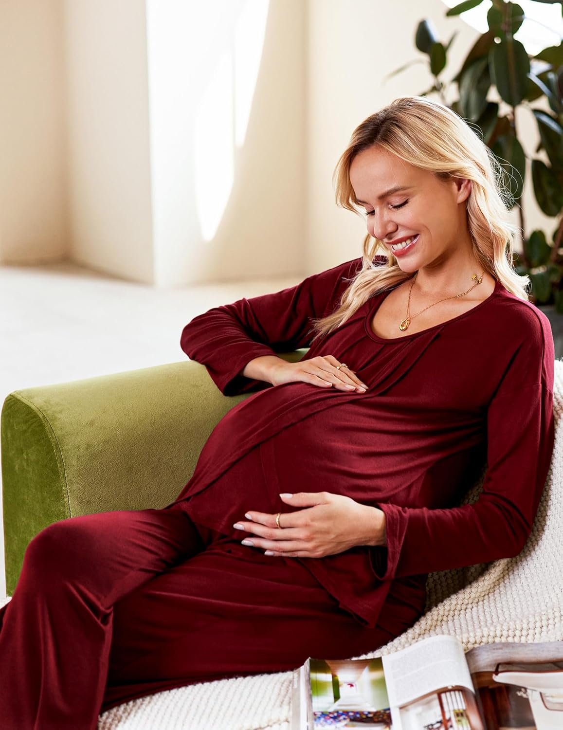 Wine red maternity nursing pajama set: long-sleeve wrap top and matching pants