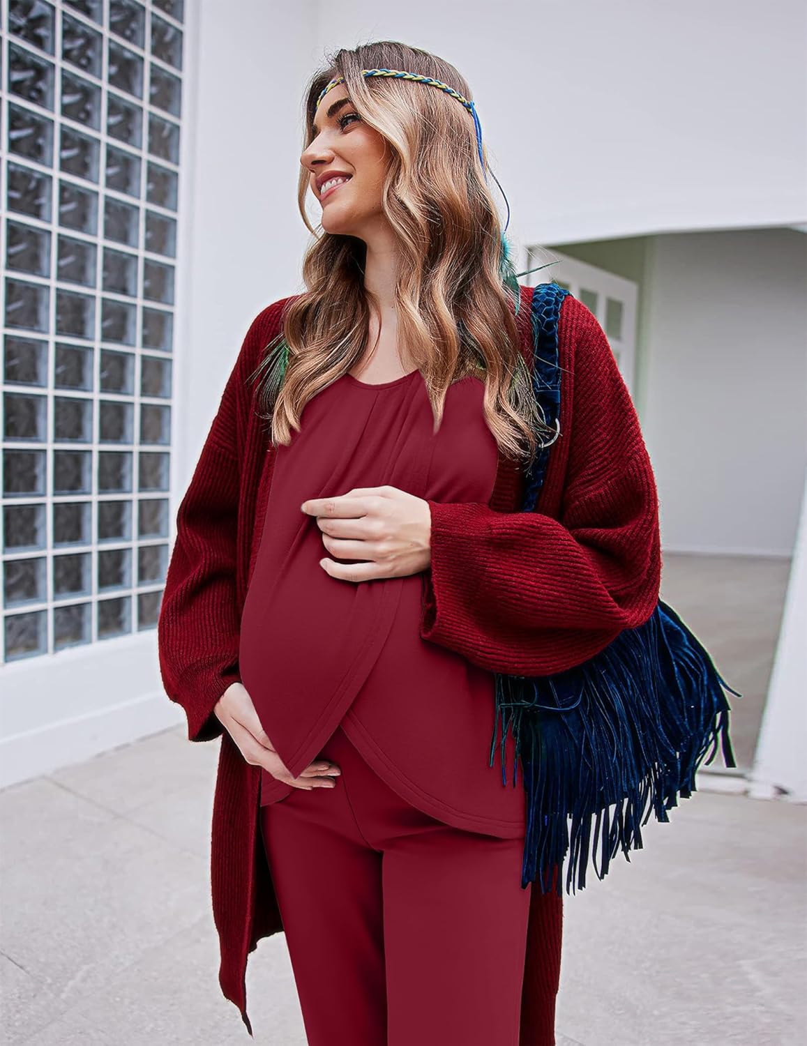 Maternity nursing set in wine red: long-sleeve wrap top with side ruching and pants
