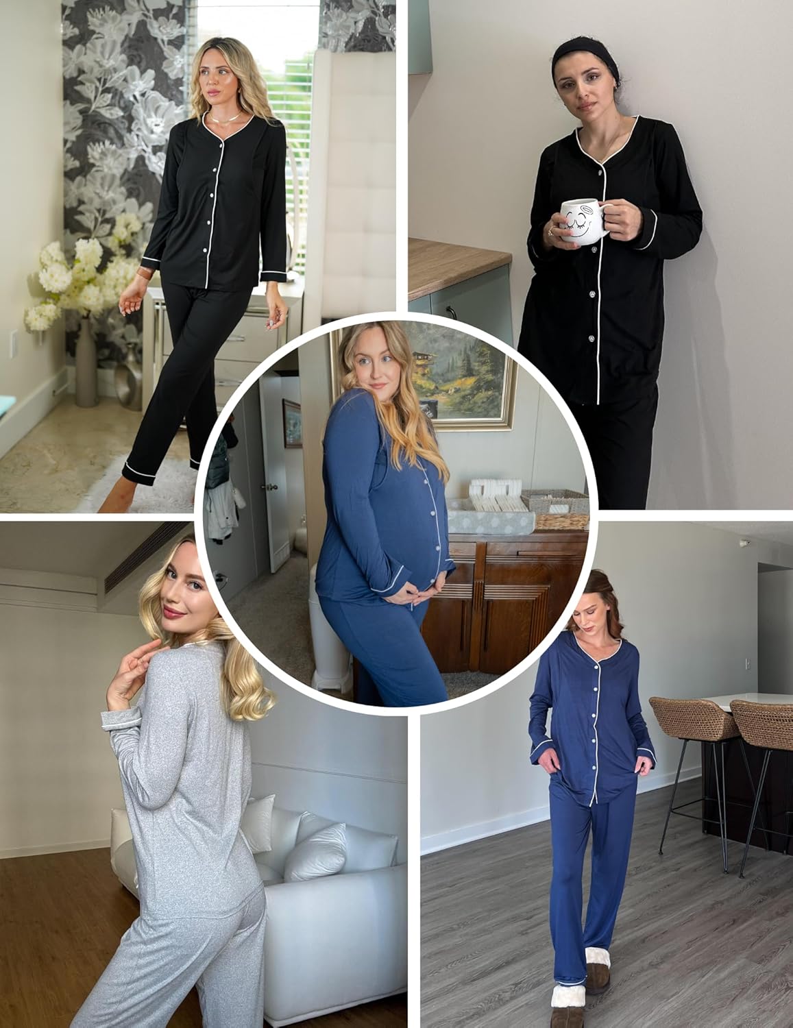 Maternity pajama set collage: black, blue, and gray button-front nursing pajamas with pants