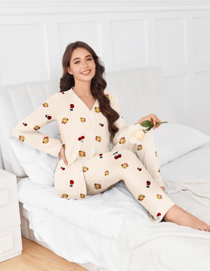 Cream teddy-print maternity pajama set with long-sleeve button top and matching pants