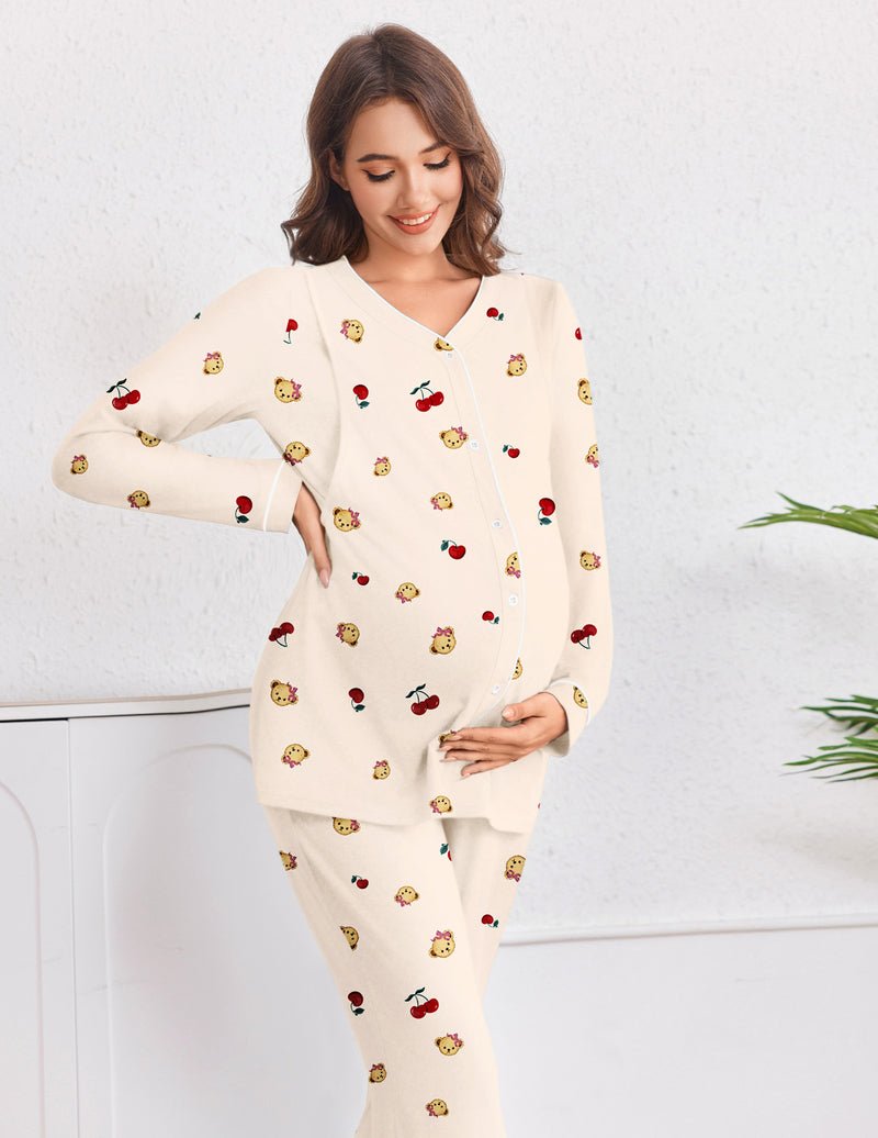 Cream teddy-print nursing pajama set with button-front top and matching long pants