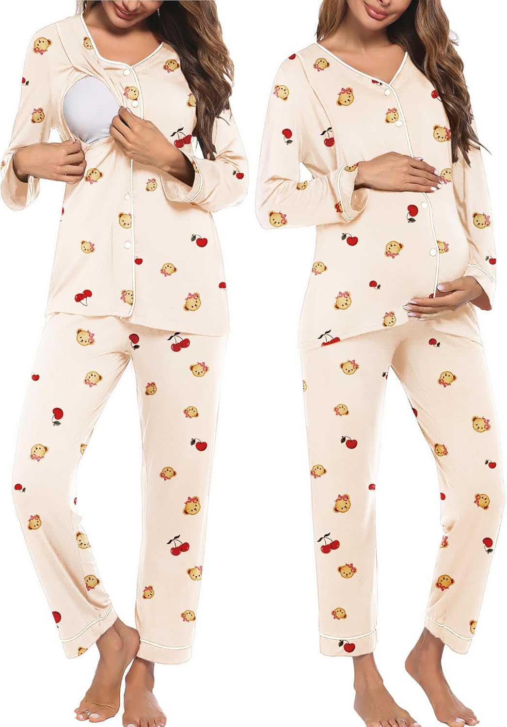 Teddy-print nursing pajama set with button-front top and tapered long pants