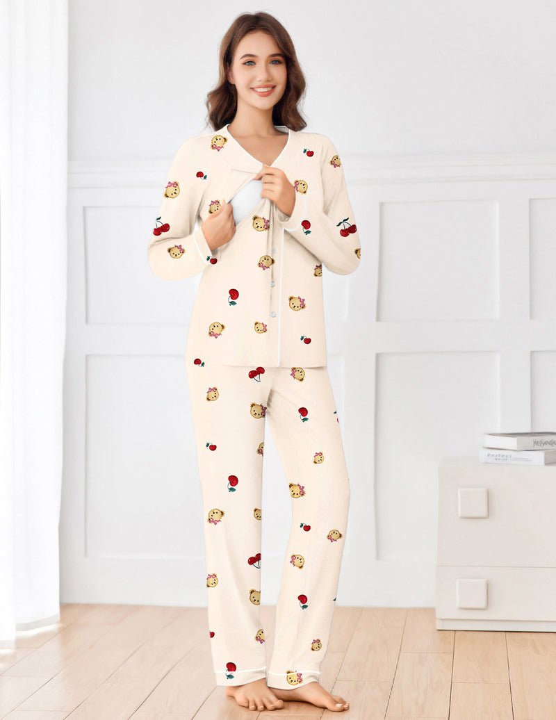 Ekouaer maternity pajama set: cream teddy print button-front nursing top with matching pants