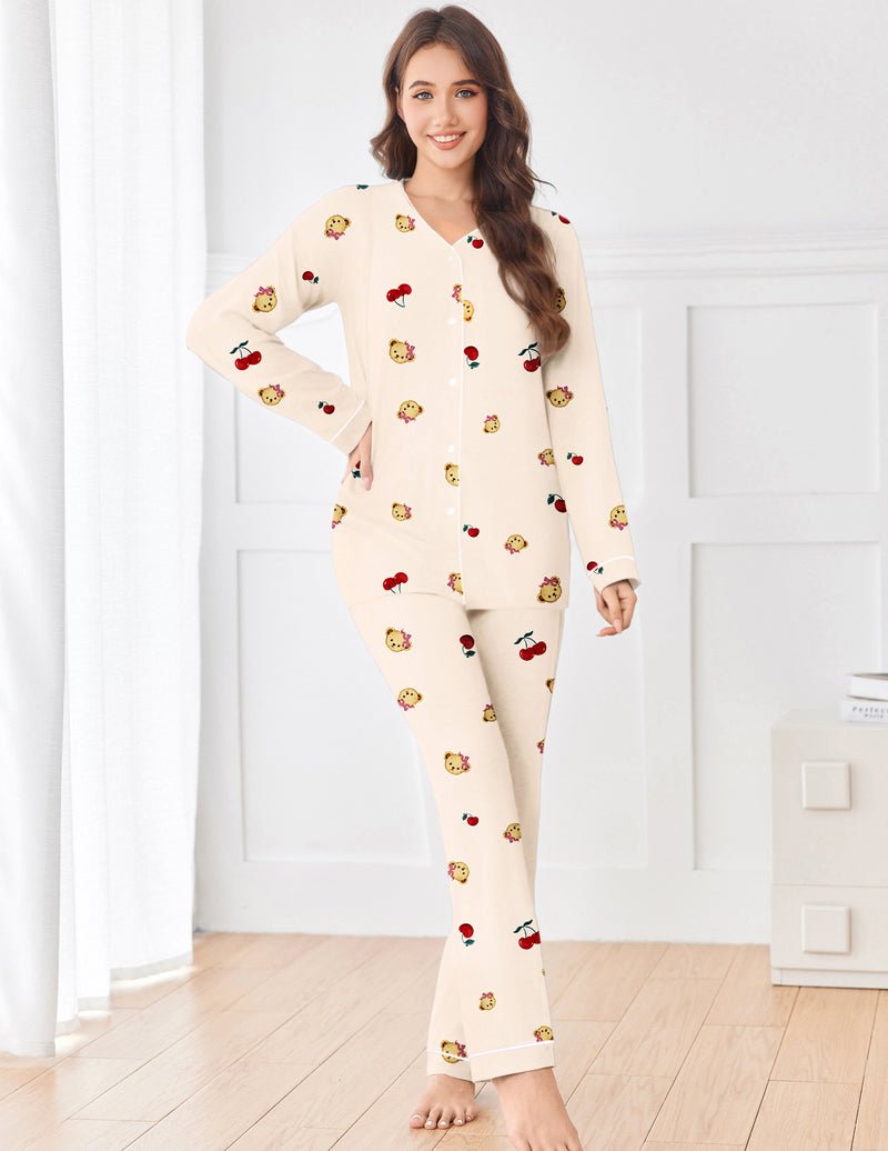 Cream maternity pajama set with teddy cherries print, button-down nursing top and trousers