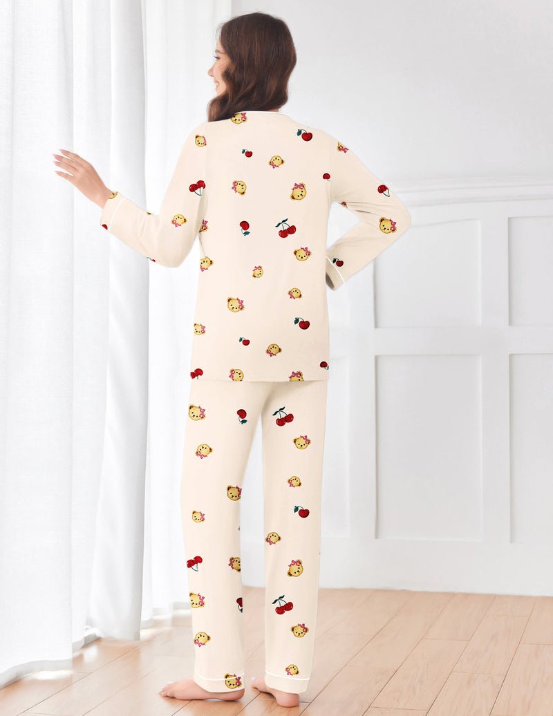 Cream teddy-print pajama set, nursing top with buttons and full-length matching pants
