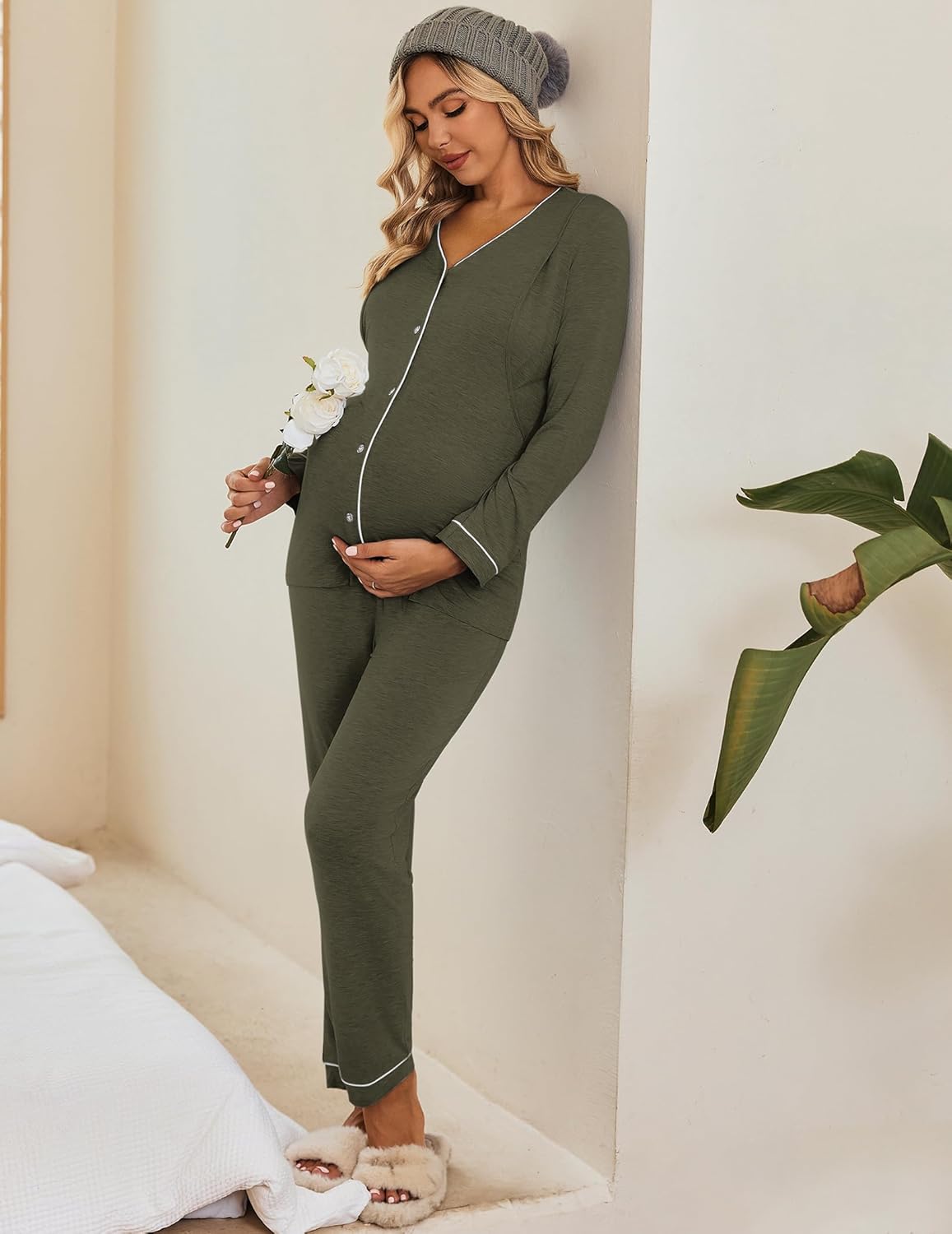 Army green maternity nursing pajama set, long-sleeve button-down top with trim