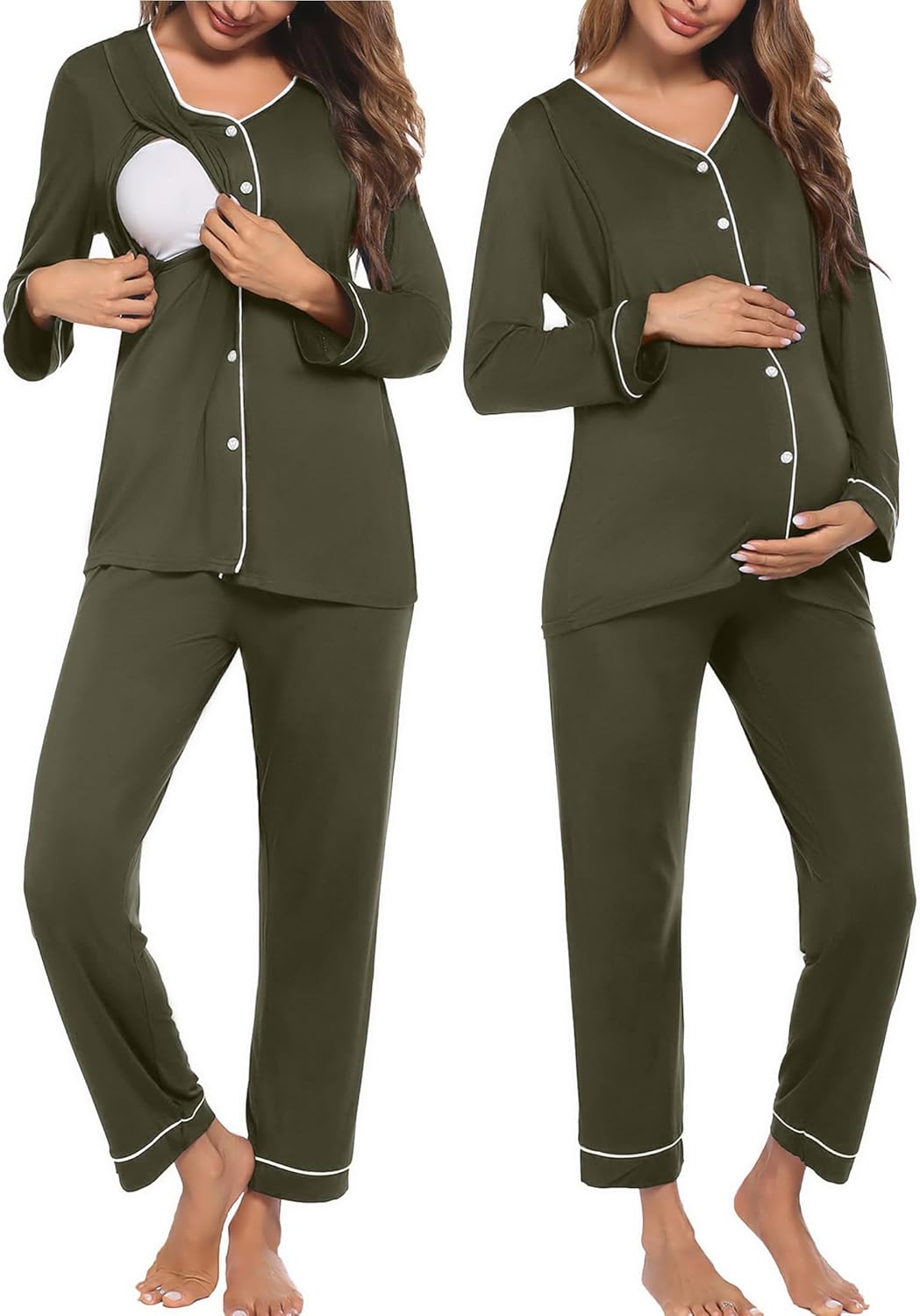 Maternity nursing pajama set in army green, button-front top and matching cuffed pants
